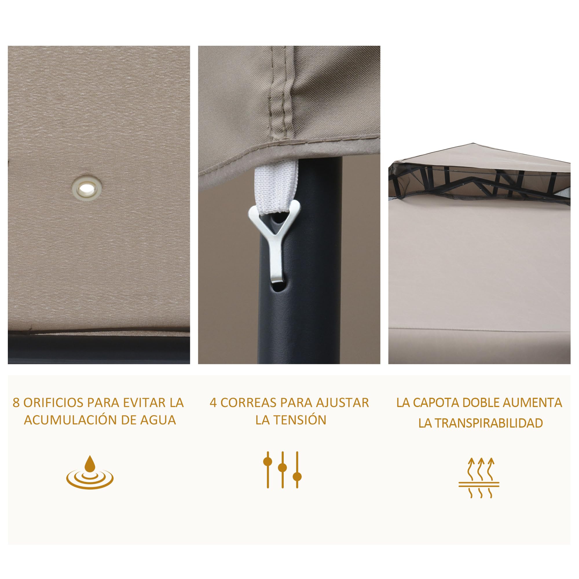 Outsunny Cenador de Jardín 3x3 m Pabellón de Exterior con Doble Techo de Ventilación 4 Cortinas Mosquiteras Laterales con Cremallera 8 Orificios de Drenaje Gazebo para Fiestas Patio Marrón Pardo