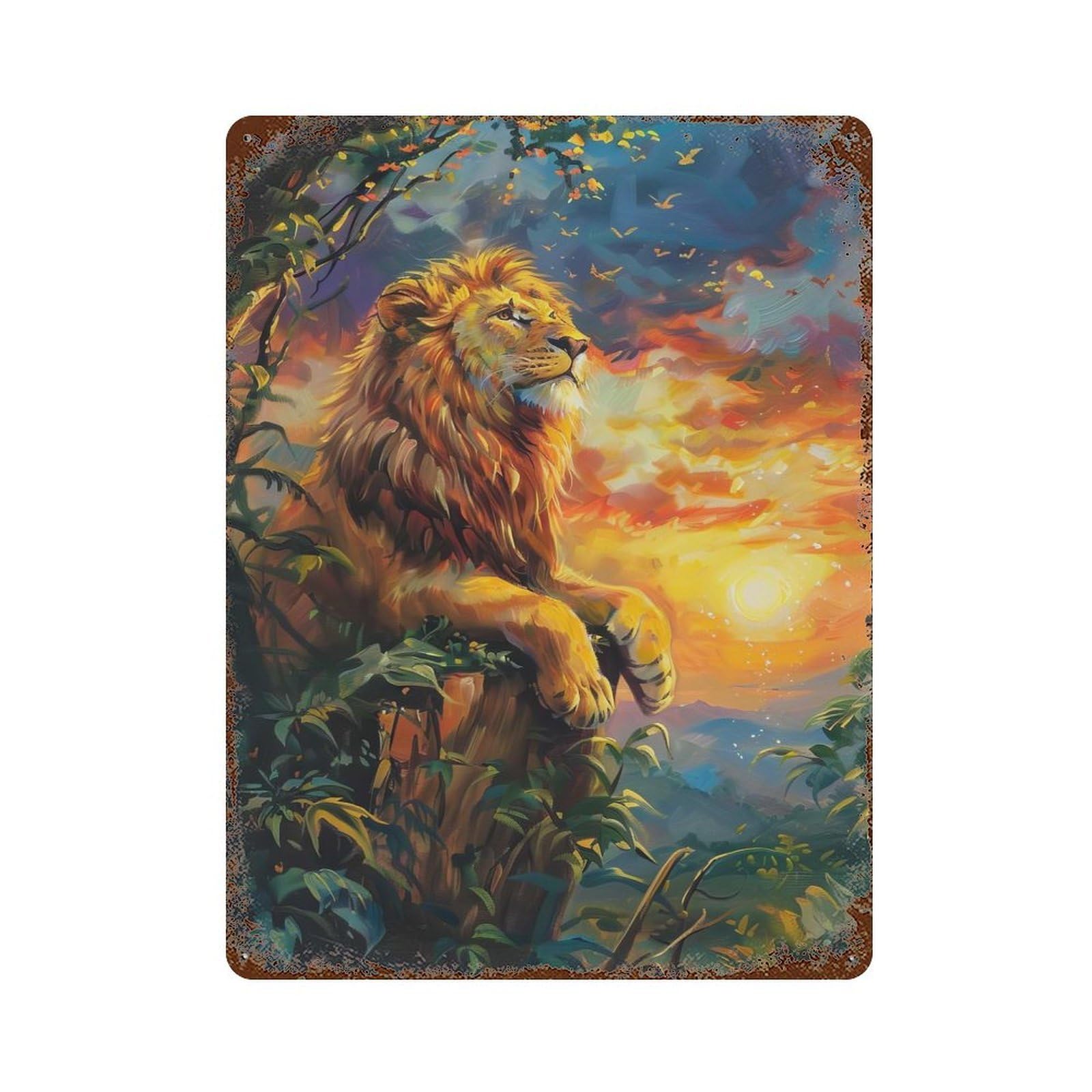 Lion at Sunset Painting Rust Effect Tin Sign 15.7"x11.8", Industrial Home Decor for Garage, Bar And Workshop Decor