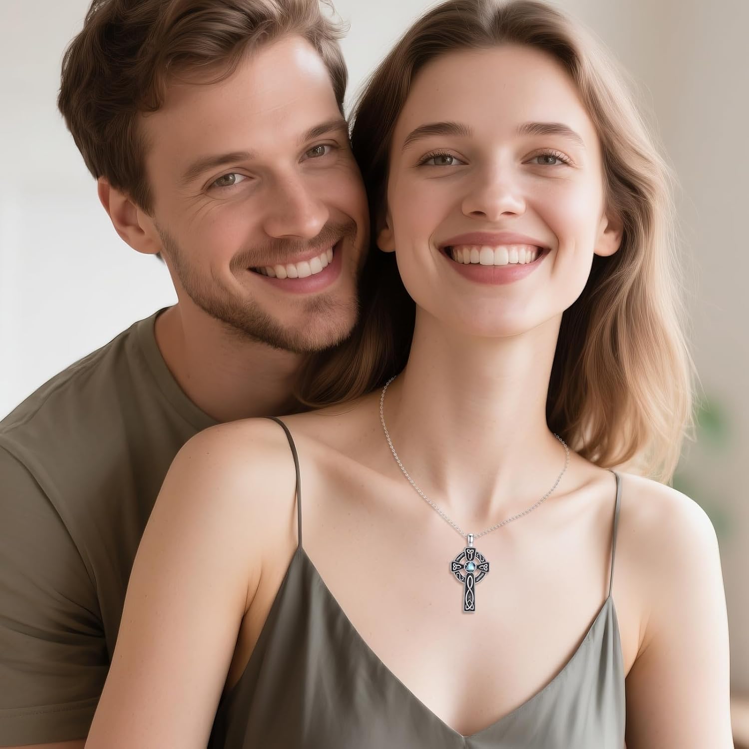 NA AA Celtic Cross Necklace 925 Sterling Silver Malachite Moonstone Wooden Jewelry Cross Pendant Gifts for Women Men. - Image 5