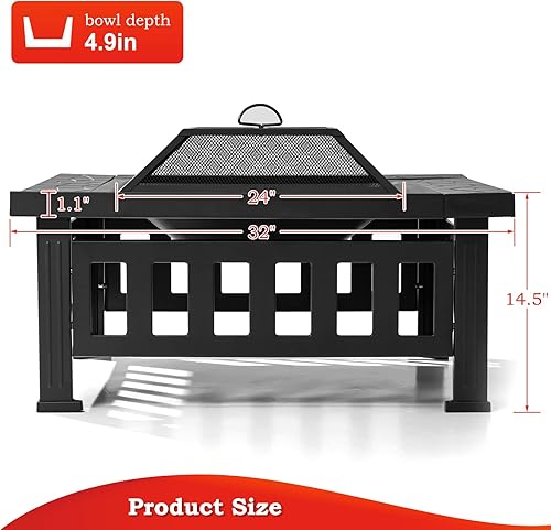 Miniatura 6 de SINGLYFIRE Mesa para hoguera de 32 pulgadas para exterior cuadrada de metal, hoguera grande de acero para exteriores, para patio, jardín, con