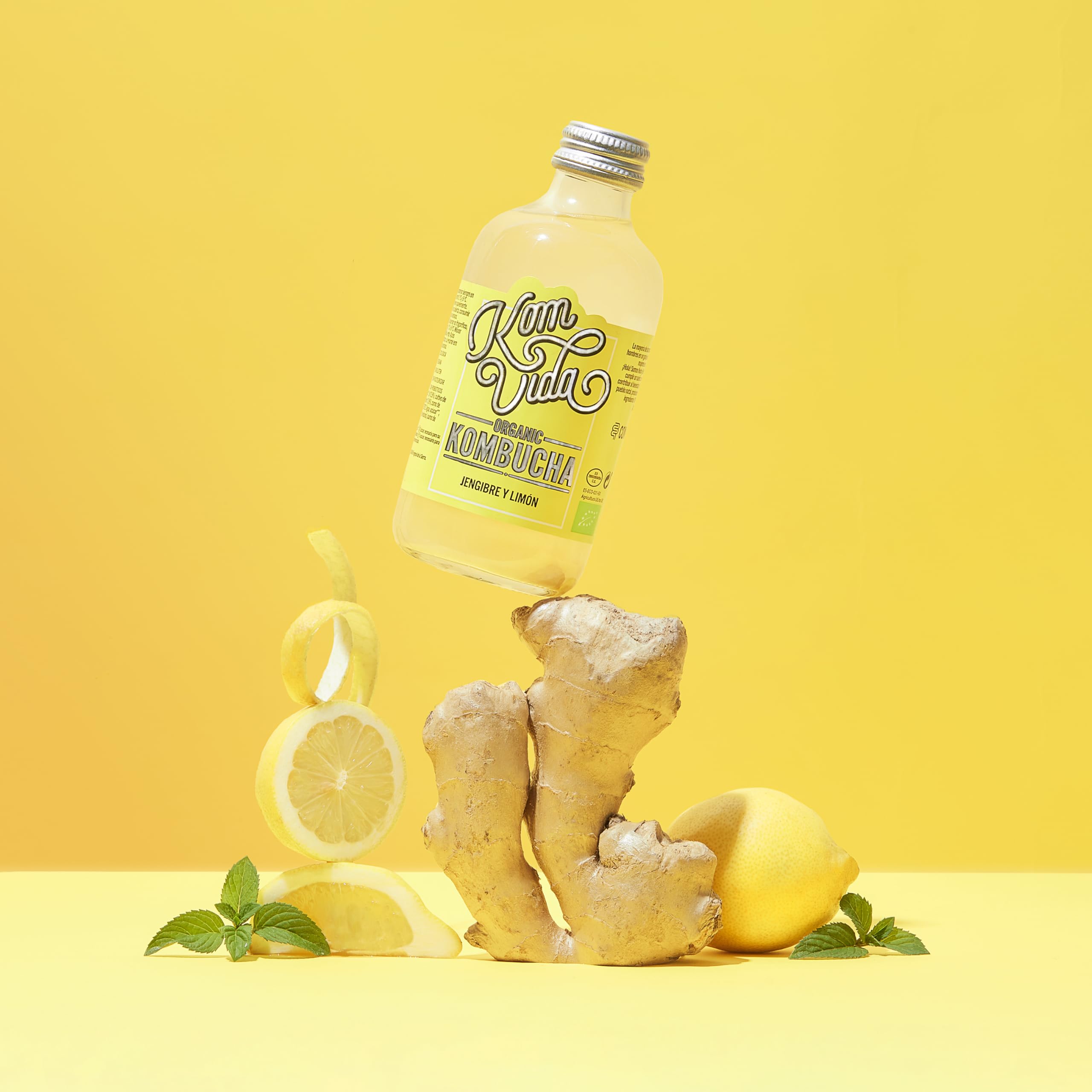 Komvida Kombucha Pack 12x250ml - Bebida Ecológica de Té fermentado, Probióticos Naturales, Sin Azúcares Añadidos - Sabor Jengibre y Limón