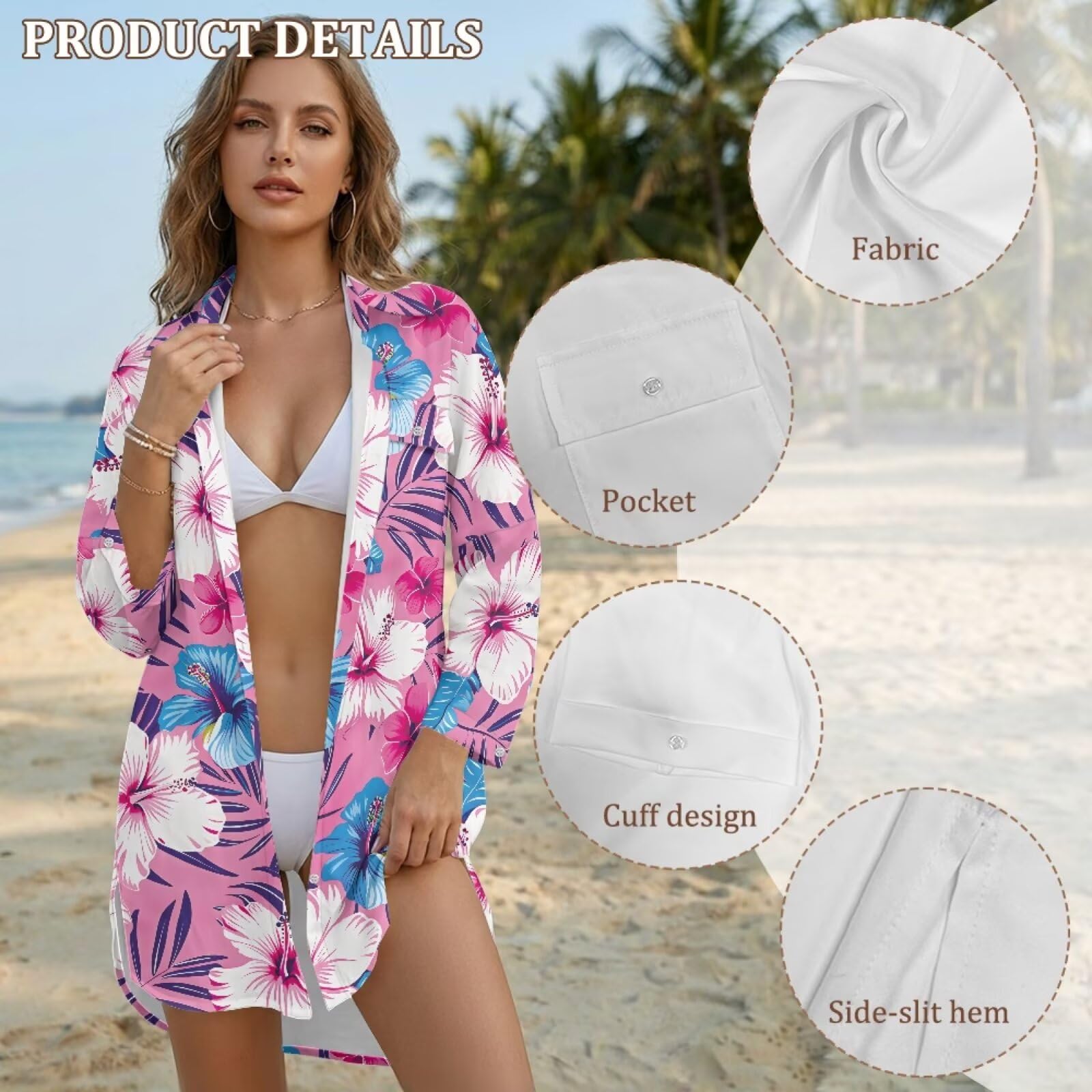 Pareo de playa para mujer, salida de baño para mujer, camisa de vestir de playa con botones y bolsillo, ropa de playa, S-3XL