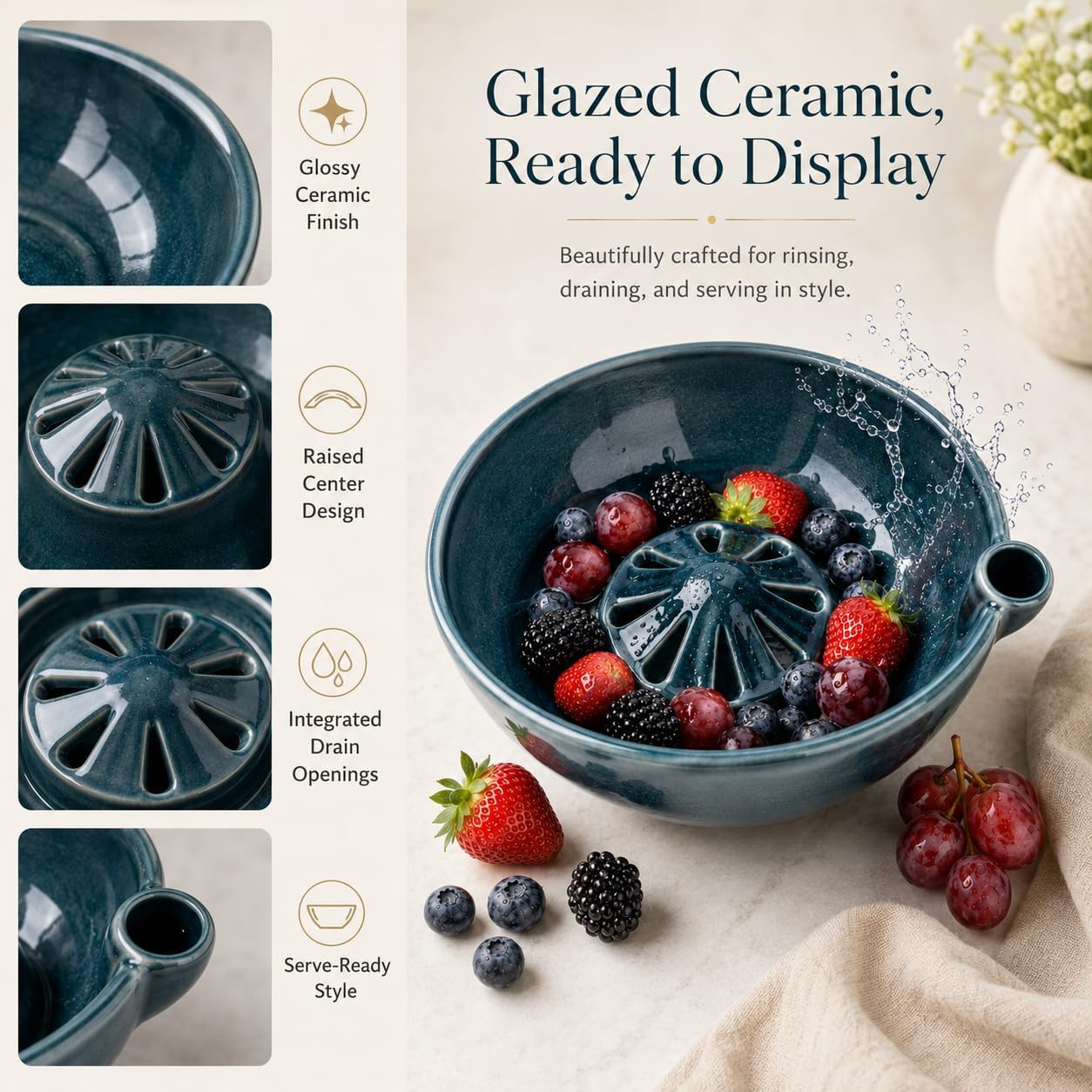 wowsome Self-Spinning Ceramic Berry Rinse Bowl with Drainage Holes
