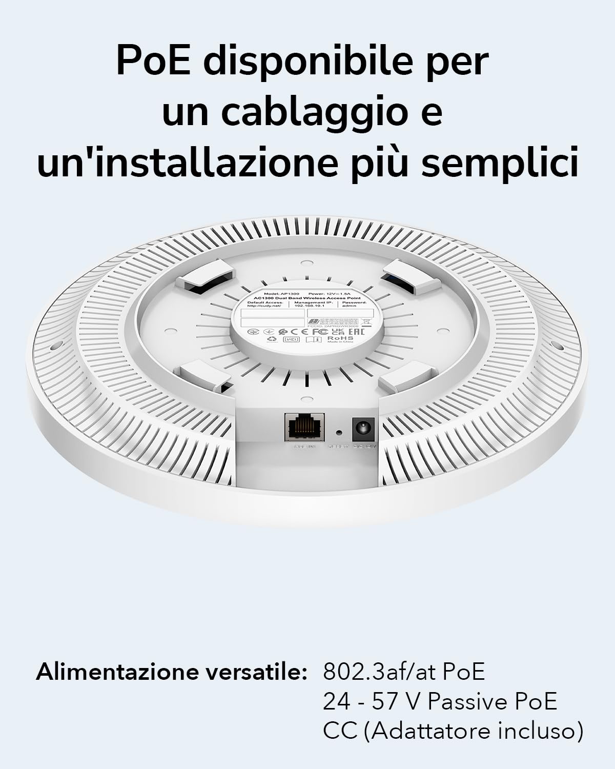 Cudy AC1200 Punto di accesso wireless Gigabit, Soluzione WiFi aziendale con supporto Mesh, Beamforming, Roaming, MU-MIMO, alimentazione PoE o CC, Adattatore di alimentazione CC 12V incluso, AP1300