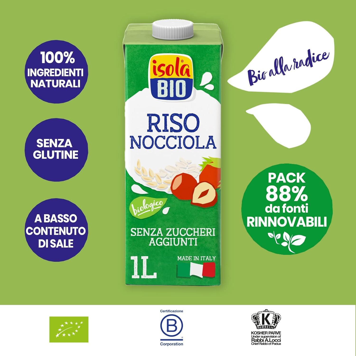 Isola Bio Bevanda di Riso Nocciola, Riso e Nocciole Biologiche Italiane, 100% Ingredienti Naturali, Basso Contenuto di Grassi, Senza Zuccheri Aggiunti, Senza Glutine, Vegani e Vegetariani, Formato 1L