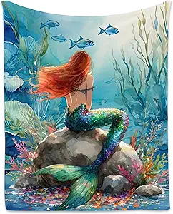 Mermaid Blanket - 60x80 Inches Cute Throw Blanket for Kids - Soft Fuzzy Blankets for Couch & Office