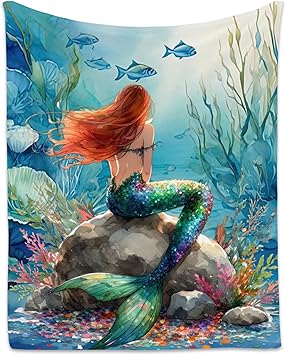 Mermaid Blanket - 60x80 Inches Cute Throw Blanket for Kids - Soft Fuzzy Blankets for Couch & Office
