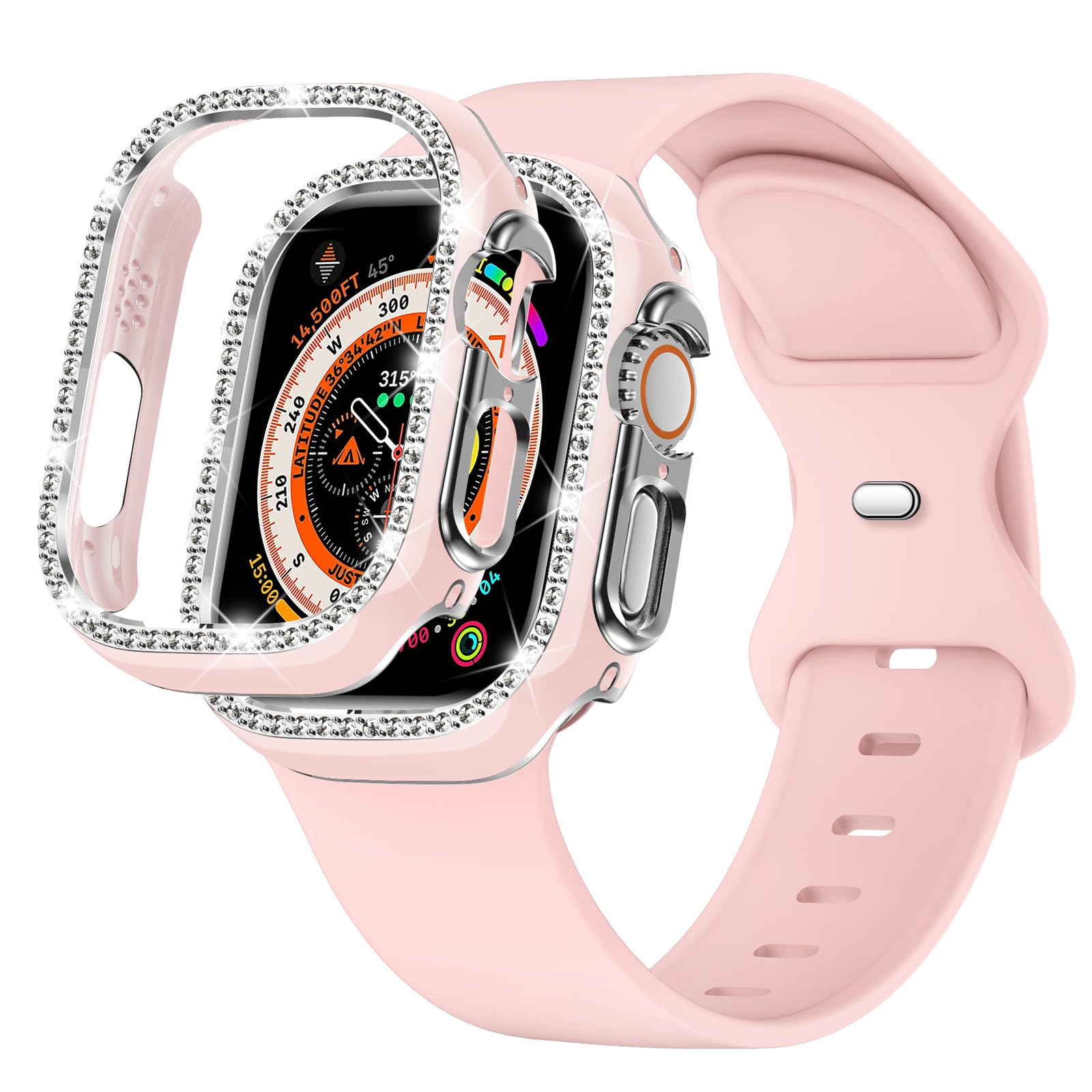 XYF Compatible for Pink Apple Watch Bands 44mm 45mm 46mm 42mm 45mm 40mm 38mm 49mm Women with Bumper Case, Silicone Strap Glitter Bling Face Cover for