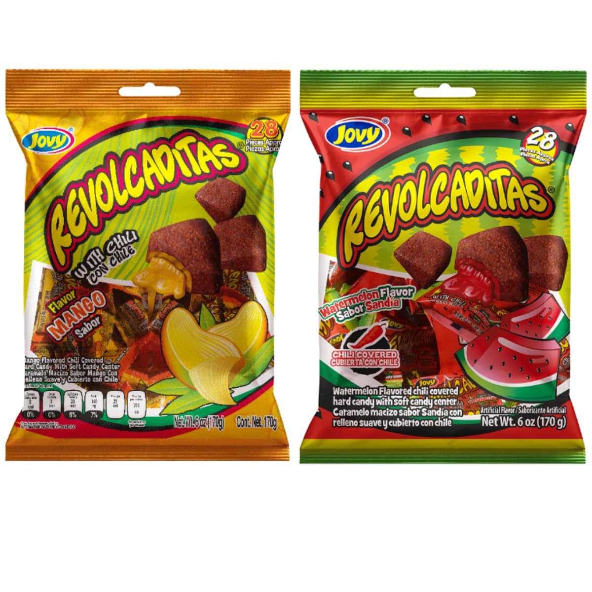 Sweetzo Sweet and Spicy Hard Candies Covered in Chili Powder, Watermelon and Mango Flavored Individually Wrapped Mexican Candies for Sharing, Pinatas or Goody Bag Fillers, 6 ounce Bags, (Pack of 2)