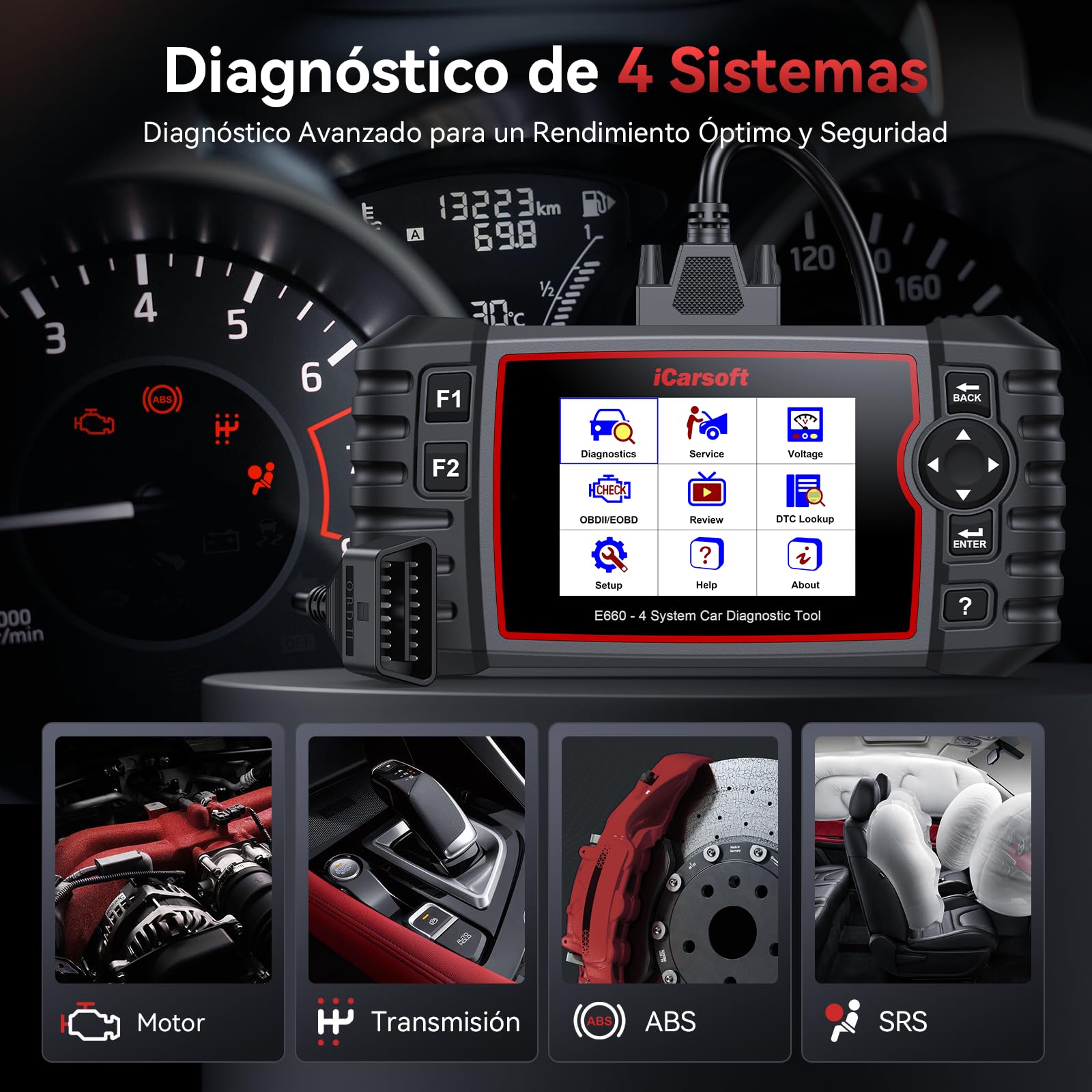 iCarsoft E660 OBD2 Máquina Diagnosis Coche Multimarca, Escáner de Coche para Motor, ABS, SRS y Transmisión, Detector Fallos Coche con 6 Funciones Reinicio, Prueba de Batería