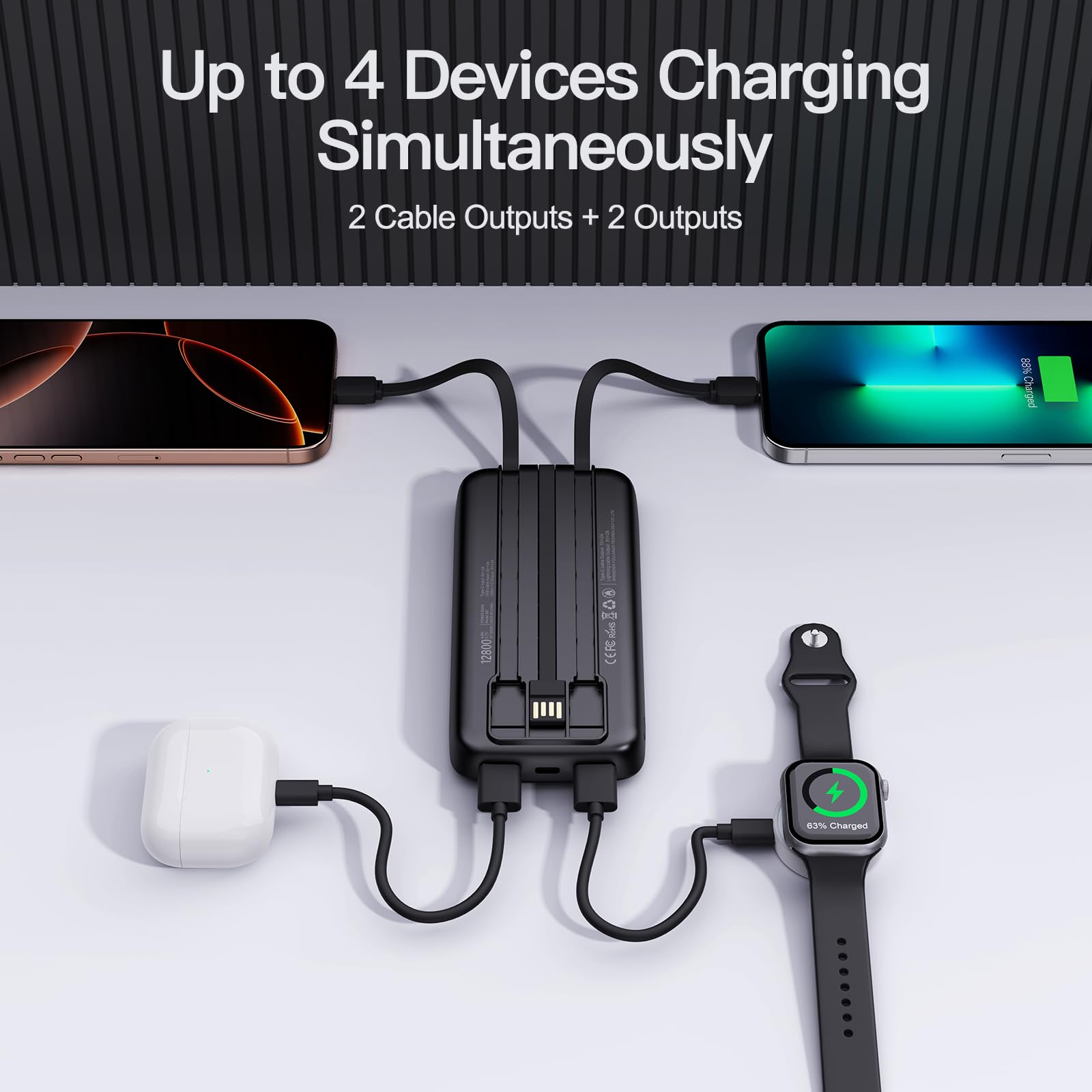 Paquete de 2 cargadores portátiles de 10000 mAh 2026 con cables integrados, paquete de batería esencial de viaje, 4 salidas, 2 entradas, banco de energía delgado con cables de cable para iPhone 17/16
