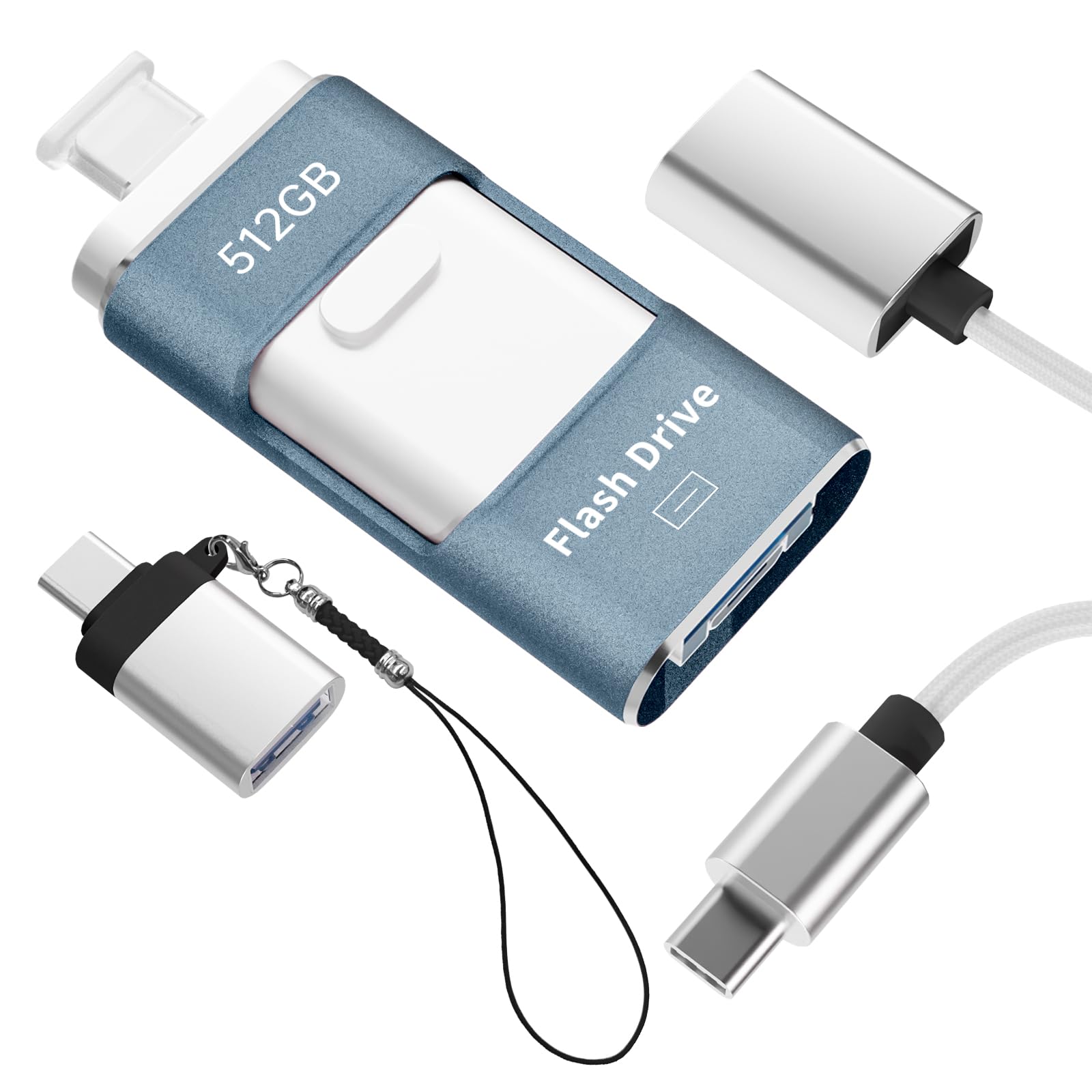 No App Needed 512GB Phone Photo Stick, 4in1 USB Flash Drive,USB 3.0 External Storage Stick with USB-C Cable,Lanyard & USB-C Adapter, Compatible with iOS Android PC (Blue)
