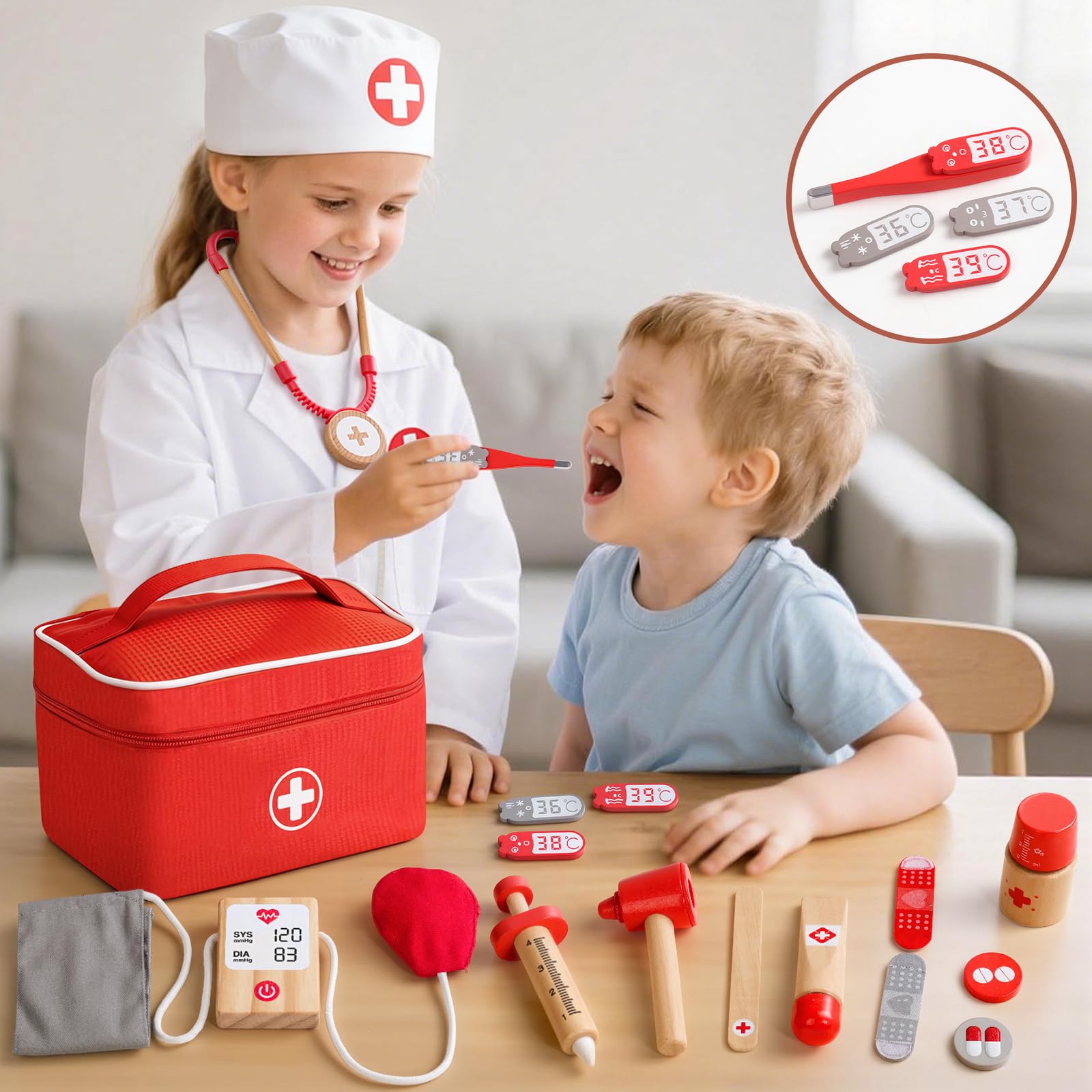Jouet Enfant 3 Ans, Malette Docteur Enfant Jouet Fille Garçon 3 4 5 Ans, Jeux Enfants 3 Ans en Bois avec Blouse de Médecin, Mallette de médecin, Stéthoscope, Cadeau Enfant 3 Ans Jeux d'imitation