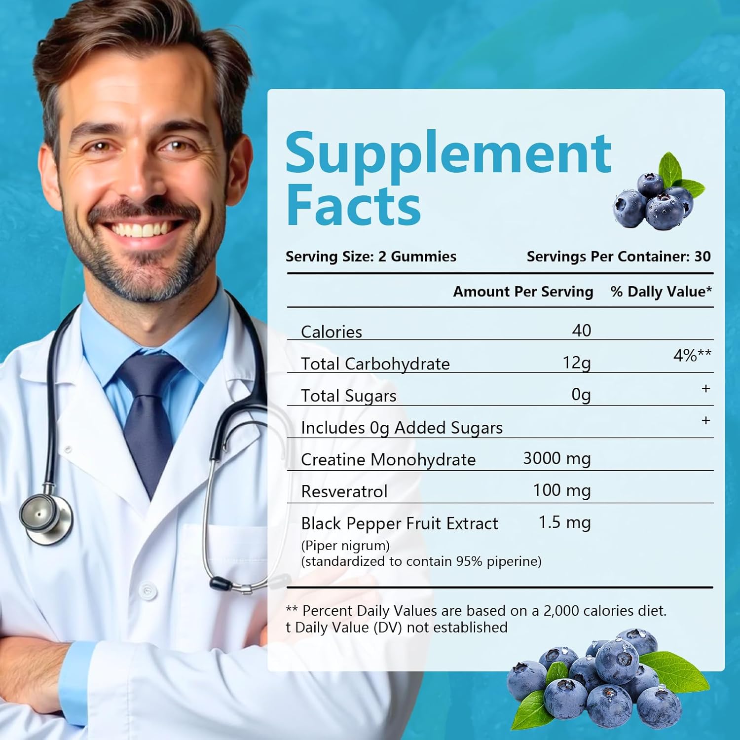 Creatine Monohydrate Gummies for Men & Women - 3g of Blueberry Creatine Gummies - Sugar-Free,Vegan,60 Count
