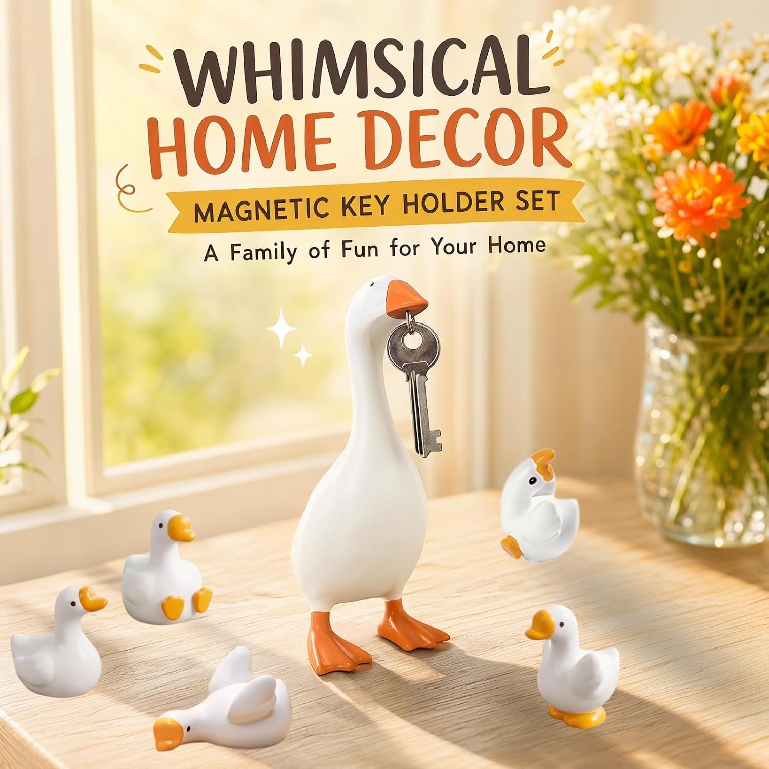 7 inch Desk Goose Key Holder with 5 Mini Baby Goose,6 Packs Cute Desktop Resin Porch Goose Magnetic Statue, Funny Figurines Keychain Hanging, Bedroom Decor for Home Office Table, Housewarming Gifts