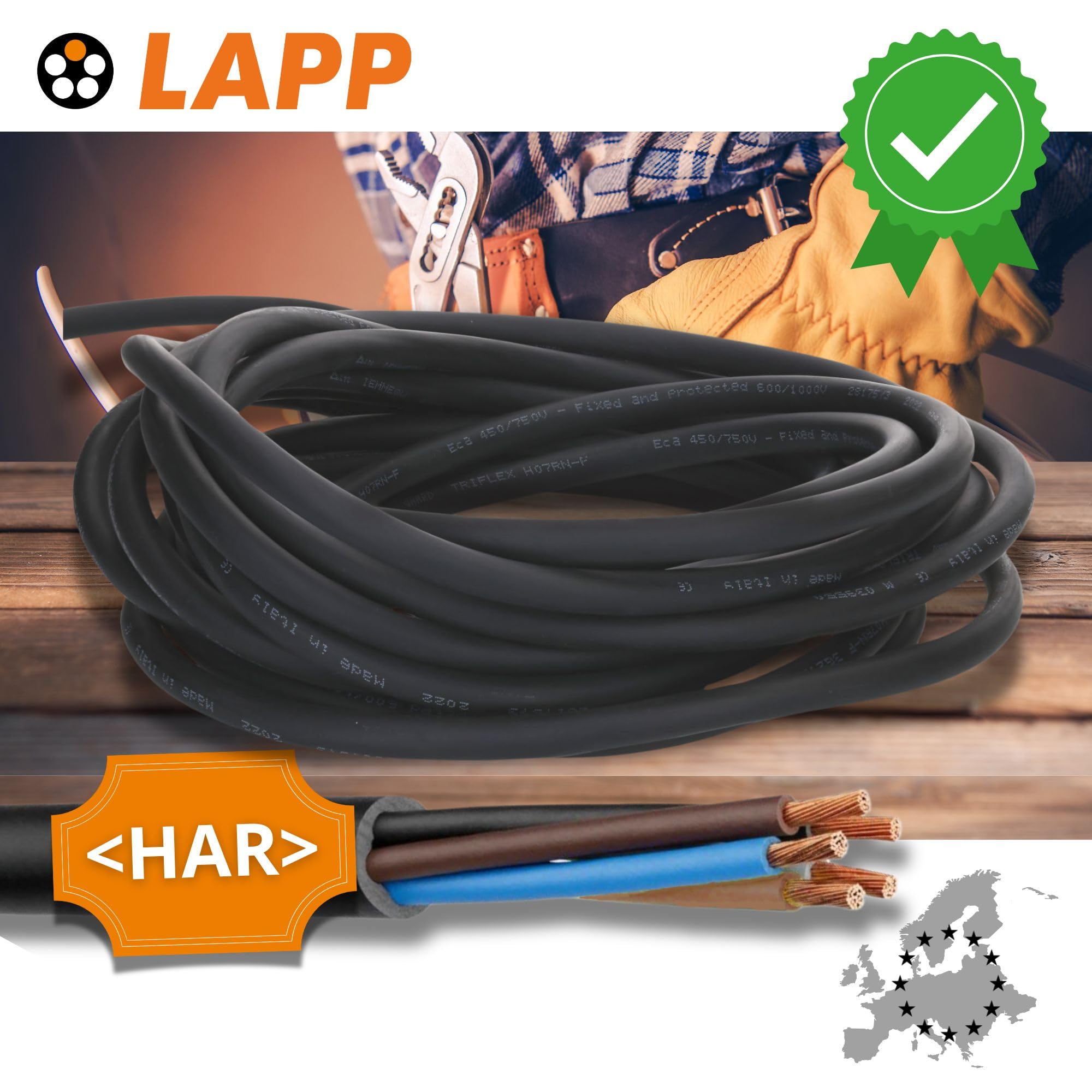 10 metrów Lapp 1600195 H07RN-F 1 x 16 mm², przewód gumowy, elastyczny, bez przewodu ochronnego, odporny na promieniowanie UV, do użytku na zewnątrz, odporny na olej, trudnopalny, przewód