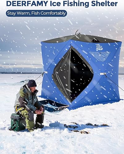 Miniatura 7 de DEERFAMY Refugio de pesca en hielo, tienda de campaña de pesca en hielo para 3468 personas, pop-up Ice Shanty con bolsa de transporte, anclajes de