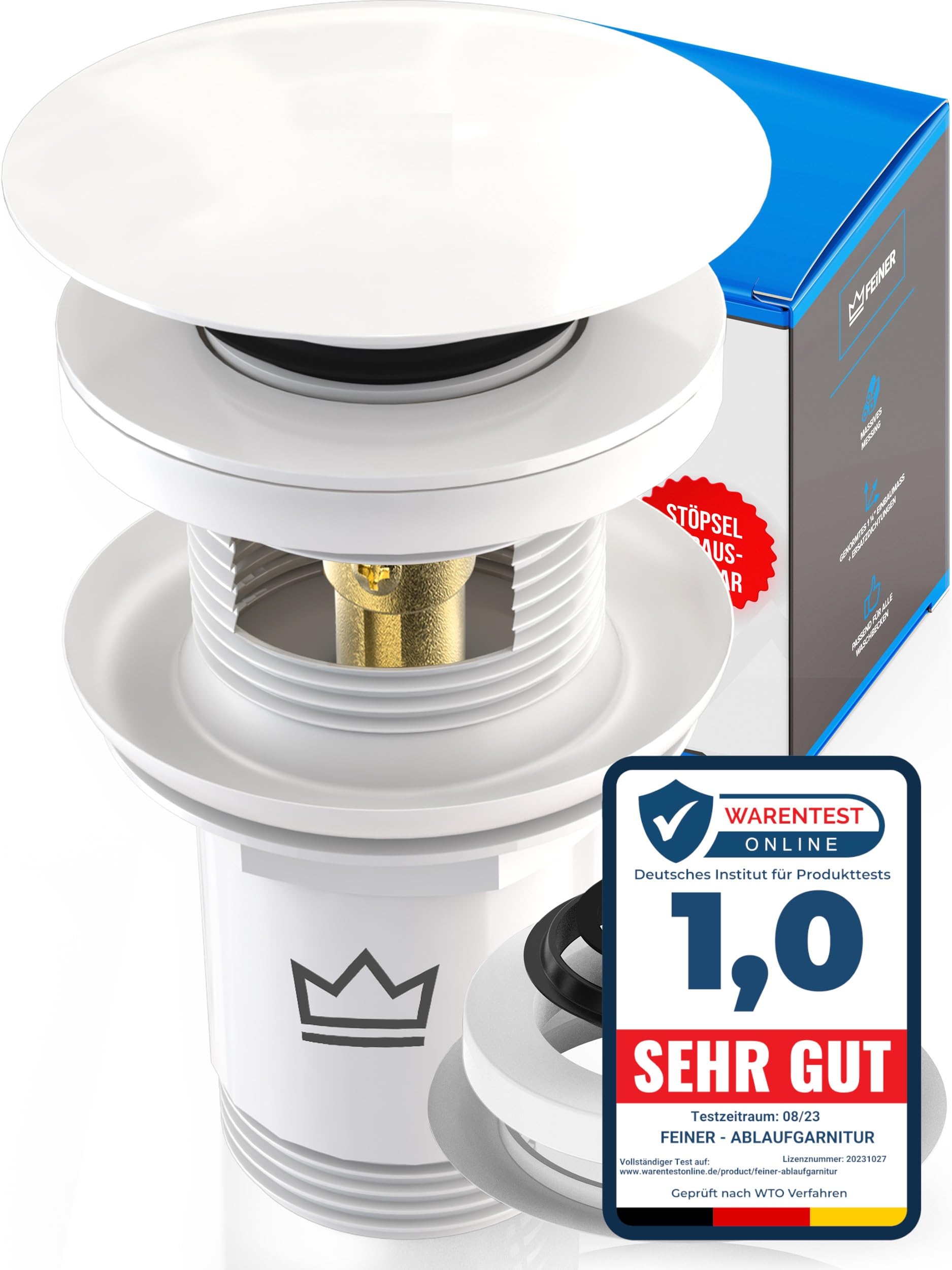 FEINER® Universal Waschbecken Ablaufgarnitur - Glanzweiß - für Waschbecken & Waschtische Aller Art MIT und OHNE Überlauf, Stöpsel herausziehbar mit Haarfänger, GRATIS Dichtungen & Einbauanleitung