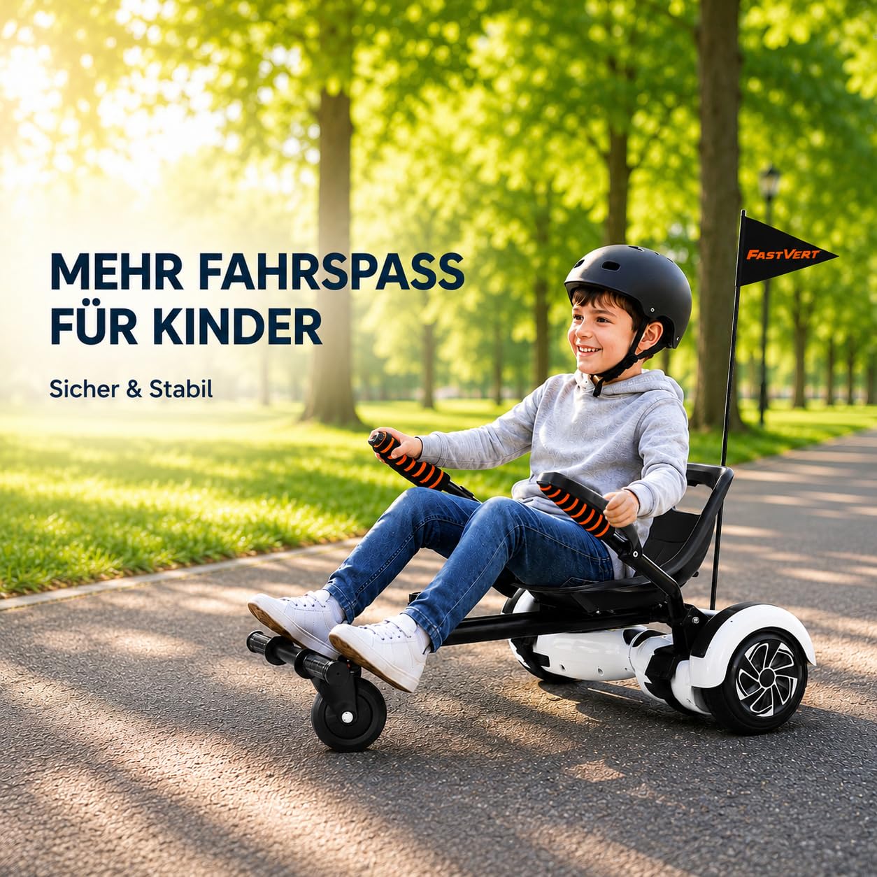 Umweltfreundlich Hoverboard Sitz mit Sicherheitsflagge | Kompatibel mit 6.5", 8", 8.5" & 10" Hoverboards, mit Handguards und robustem Stahlrahmen für mehr Sicherheit