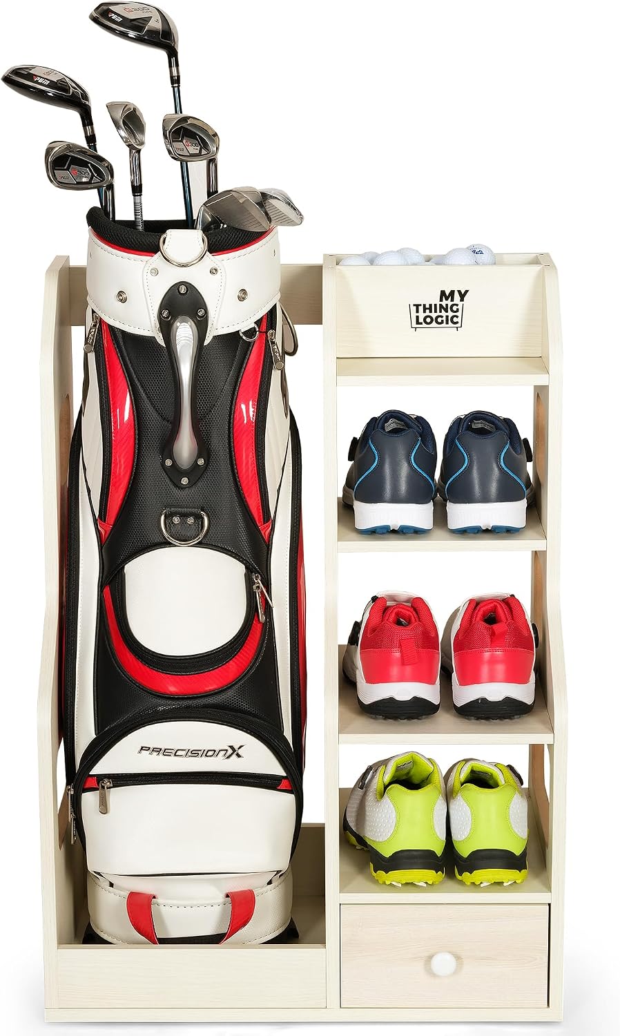 Mythinglogic Wooden Golf Bag Rack for 1 Full-Size Bag with Shoe Shelf