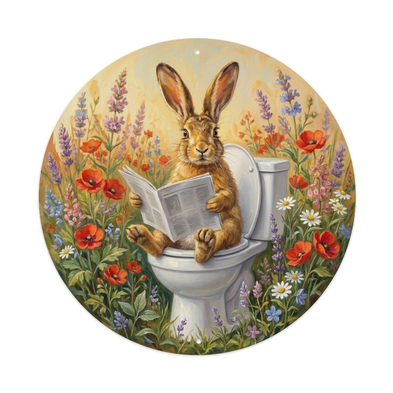 Hare On Toilet Humorous Bathroom Spring Field Morning Metal Tin Sign