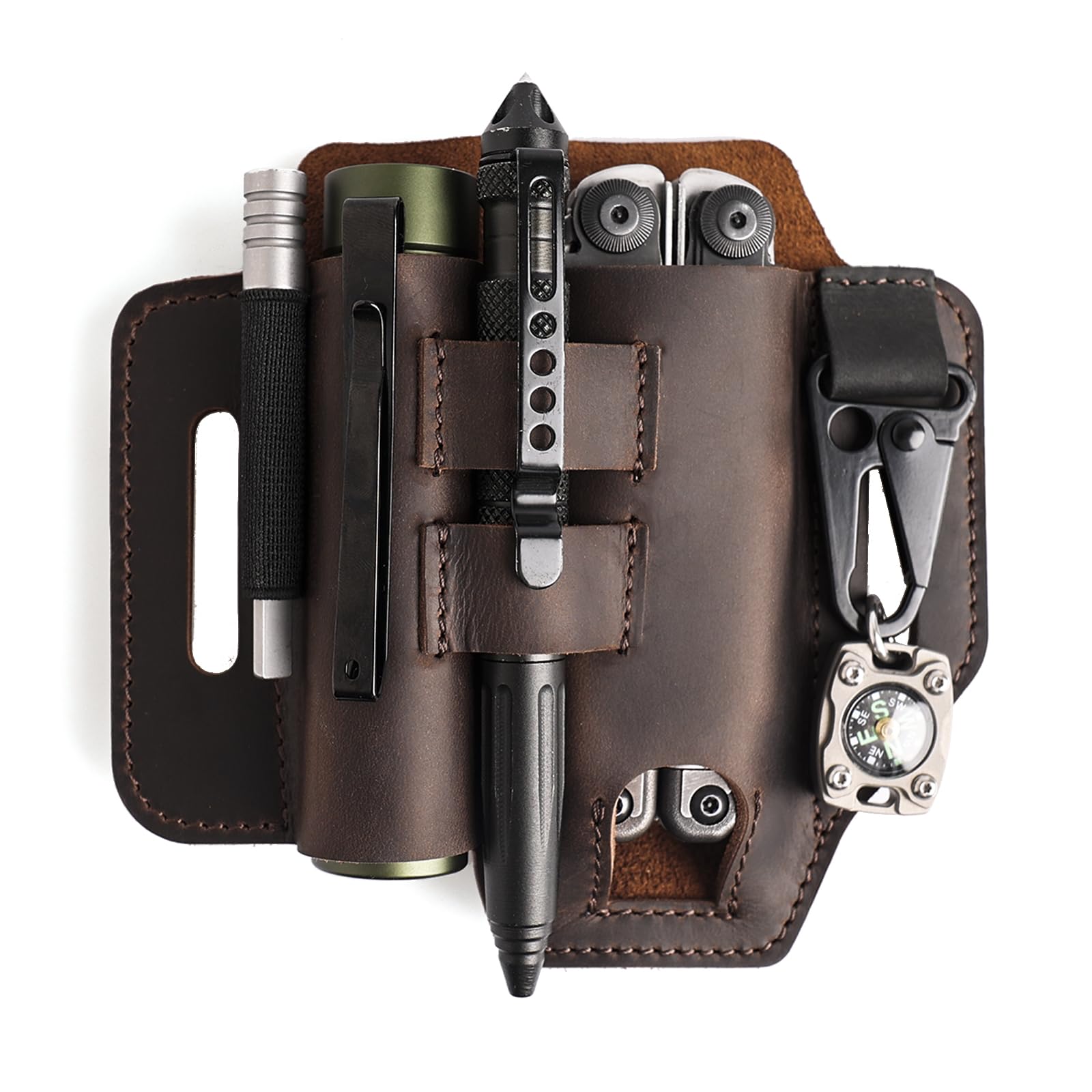 Topstache Multitool Sheath for Belt - EDC Belt Organizer - Leather Multitool Holster with Flashlight Holder, Elastic Band Pen Holder and Keychain Clip