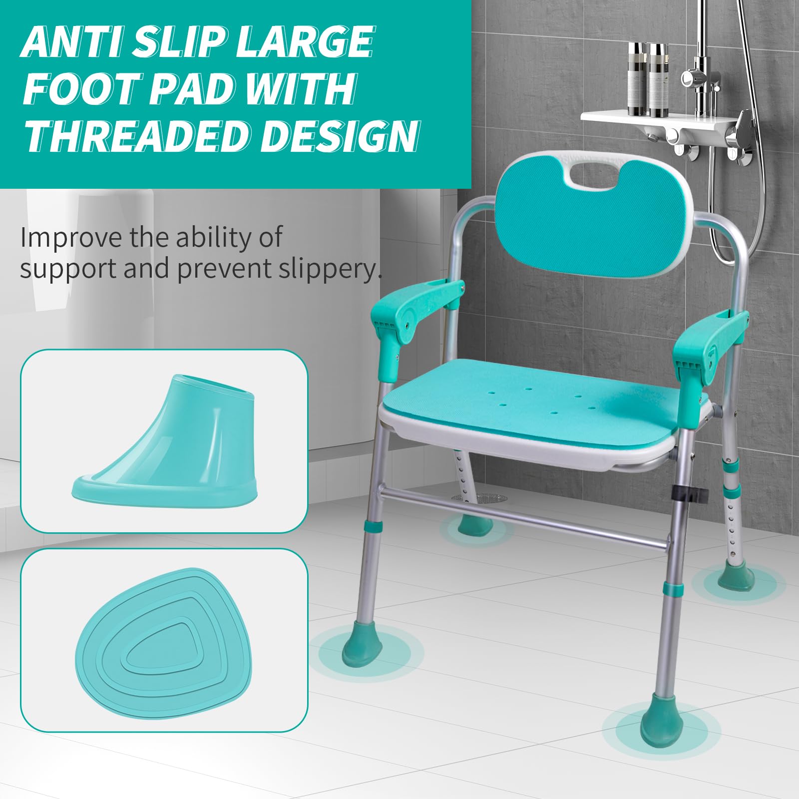 ENLUNTRA Silla de ducha con brazos y respaldo, silla de ducha plegable de 5 niveles ajustable, asiento de ducha antideslizante para ancianos, discapacitados, embarazadas