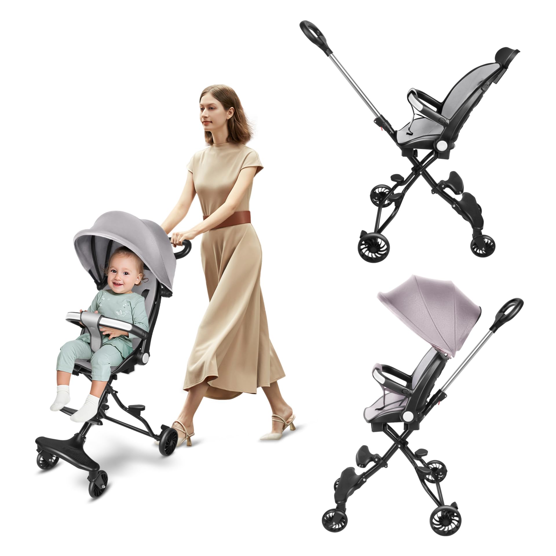 Homewell Passeggino a canna compatta, pieghevole, compatto e leggero, fino a 15 kg, Passeggino da viaggio Capote Parasole (Grigio)