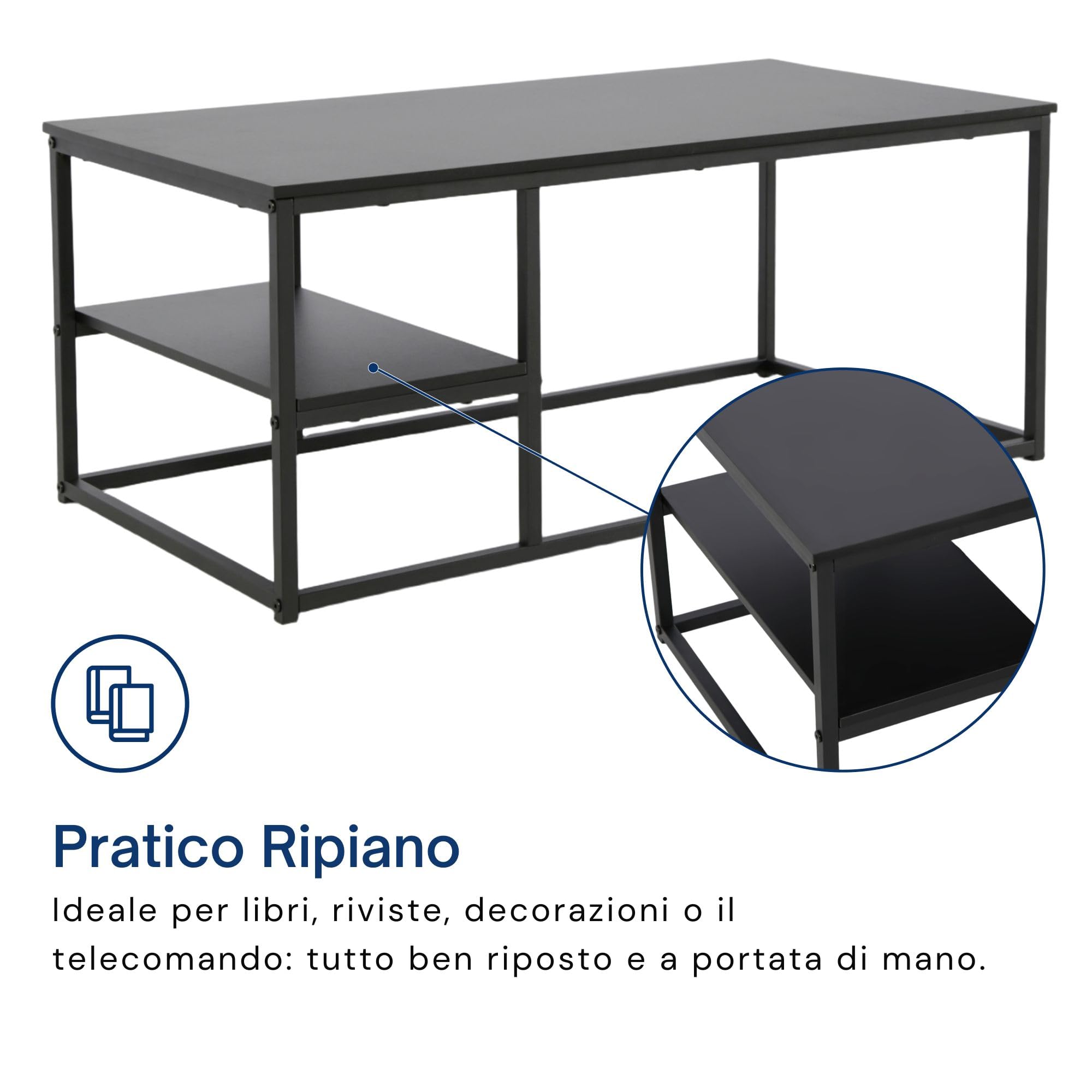 Tavolino da caffè, Tavolo da salotto, tavolino da soggiorno, tavolino da divano | Con ripiano e struttura in metallo verniciato a polvere | Facile da pulire e robusto | 102x52x42 cm (LxPxA) | Nero