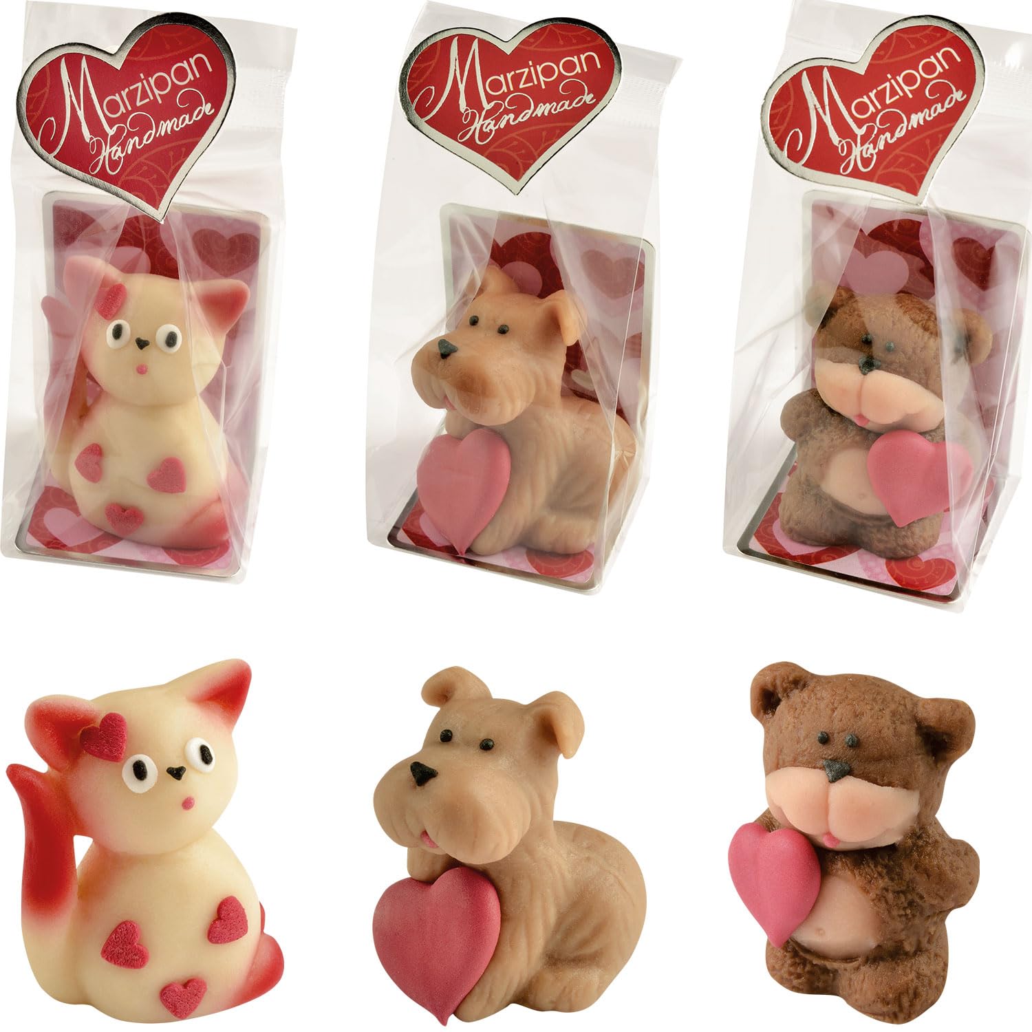 Günthart 12 Marzipan Tiere Katze, Bär und Hund mit Herz im Cellophan Beutel, passende Geschenkidee für die Liebsten zum Geburtstag und andere Anlässe