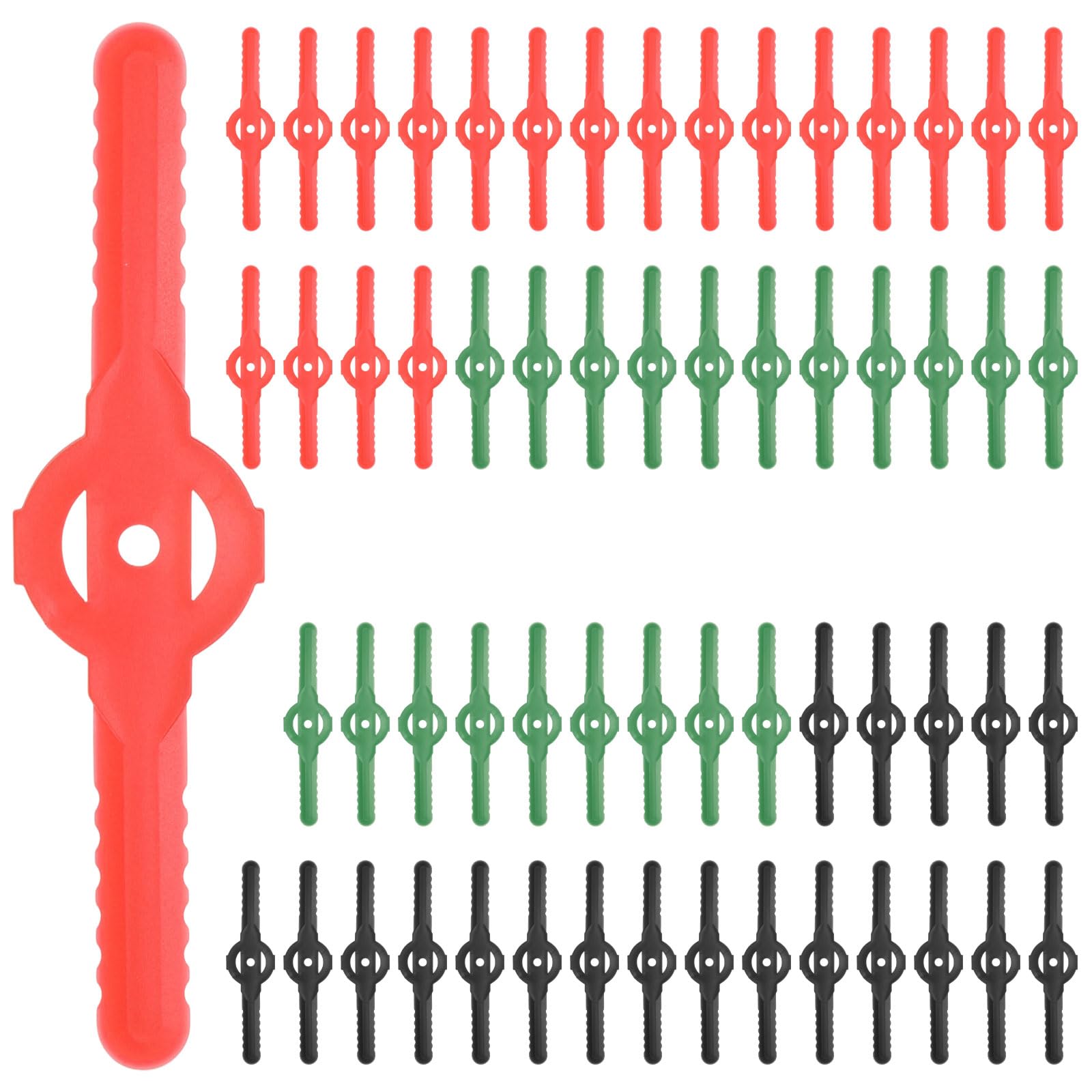 M METERXITY 60-Pack String Trimmer Head Blades Replace, Plastic Cutter Replacement Lawn Mower Weed Blades Accessories for Cordless Grass Trimmer Parts [Black, Green, Red]