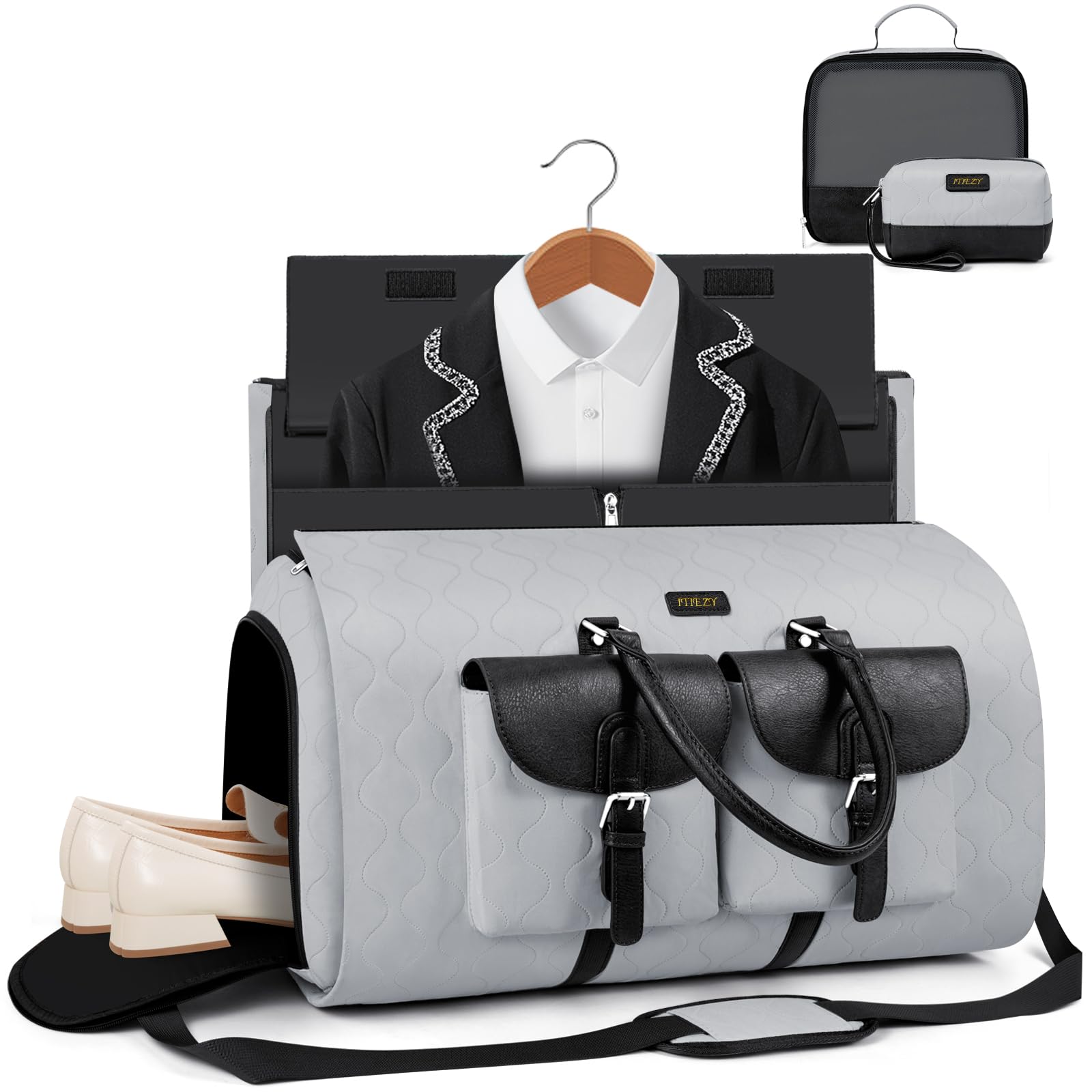 Kleidertasche für Reisen, wandelbare Handgepäcktasche für Damen und Herren, große Wochenendtasche mit Schuhtasche, 2-in-1, zum Aufhängen, Reisetasche, 3-teiliges Set, GRAU