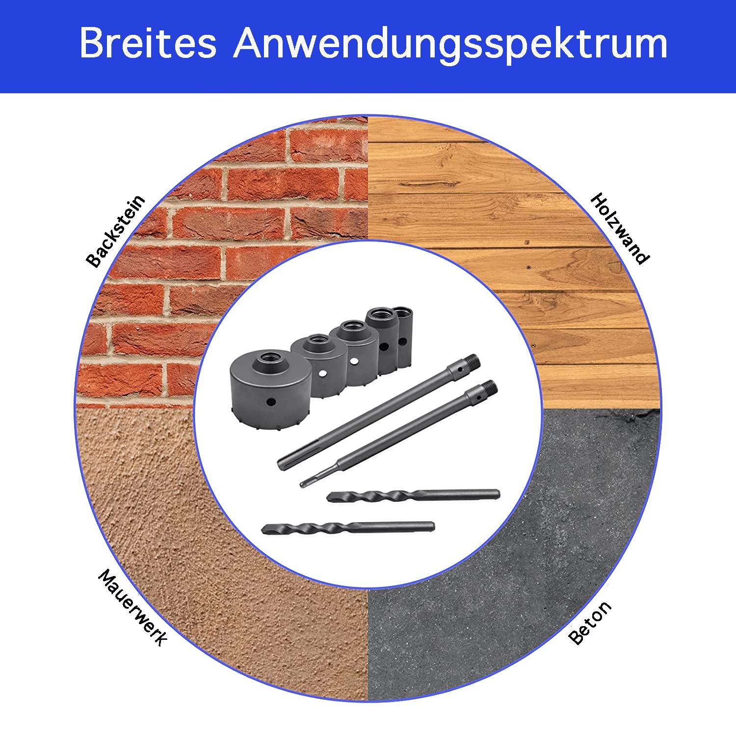 Set di seghe a tazza per calcestruzzo, 9 pezzi, corona da 30 mm, 40 mm, 65 mm, 80 mm, 100 mm, denti XXL, SDS Plus e adattatore MAX, cemento, pietra cementizia