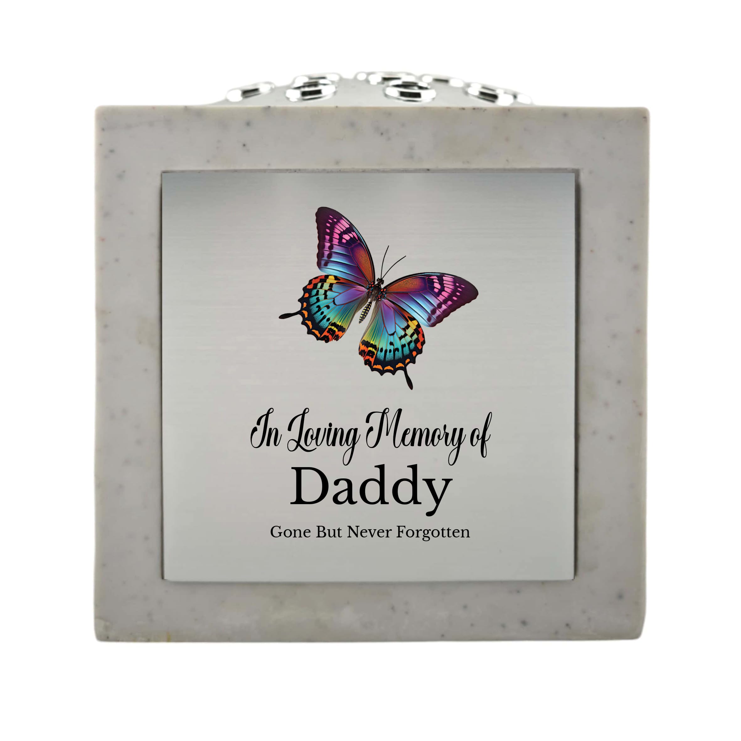 1Stclassgifts White In Loving Memory Of Memorial Rose Bowl Grave Marker Flower Pot Vase With Butterfly Design Mum Grandad & Lots More /Silver (Uv Printed) (Daddy)