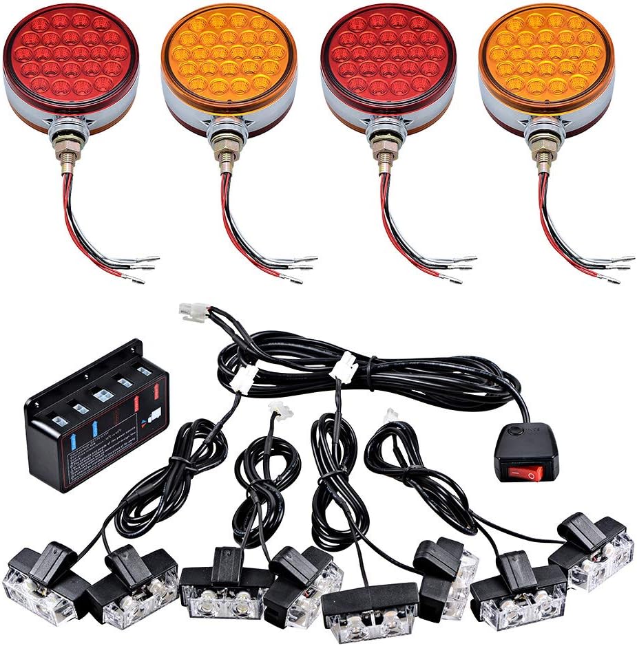 AstraDepot Pack of 4 48 LED Double Face Light 4" Round Red Amber Lens Chrome Housing Sealed + 2-LED Warning Hazard Emergency Flashing Strobe Light Bars (4xWhite & 4x Yellow) Control Kit