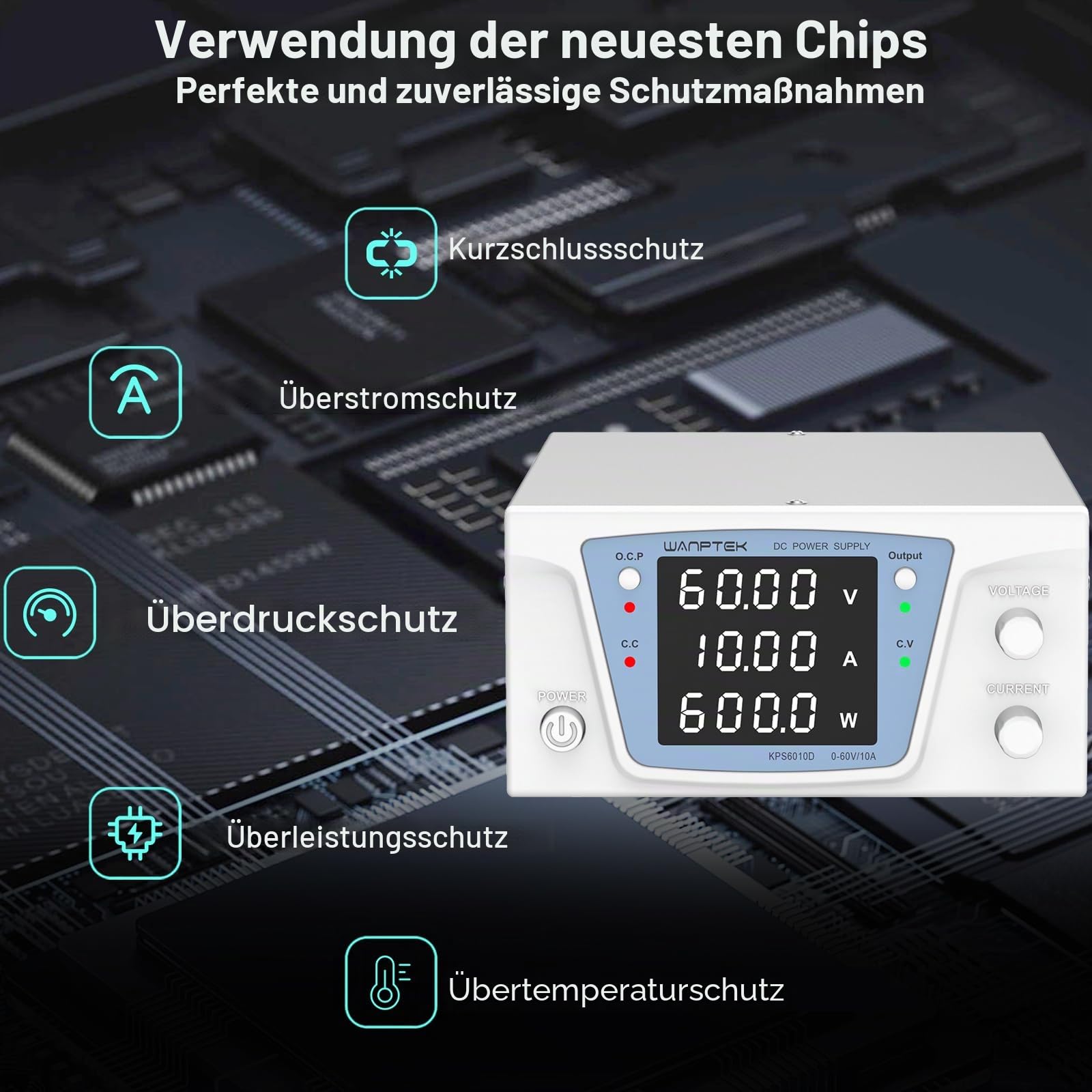 labornetzteil 60V 10A, Hochleistungs DC Regelbar Netzgerät 600W, labornetzgerät mit OCP-Schutz/Ausgangstaste/hochpräziser 4-stelliger LED-Anzeige und Drehgebersteuerung
