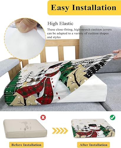 Miniatura 5 de Fundas de cojín de Navidad para sofá, funda elástica para sofá con parte inferior elástica, diseño rústico de muñeco de nieve, copo de nieve, árbol
