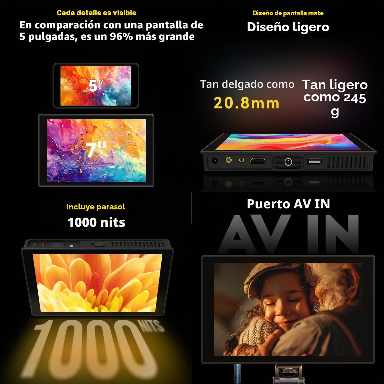 PortKeys HD7T Monitor de campo de cámara táctil de 7 pulgadas, 1000 nits, monitor de cámara DSLR, entrada y salida HDMI 4K, Full HD 1280 x 800 IPS, 3D lut, vídeo pico, asistencia de enfoque para