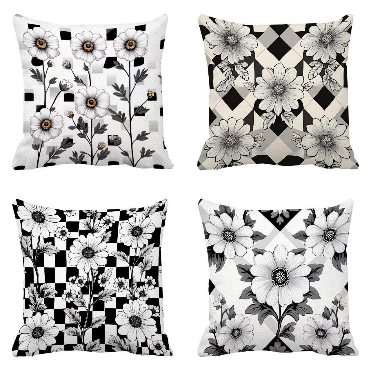 Fundas Cojines 70 x 70 cm Juego de 4 Cojines Exterior, Negro Flores (3) Lino Impermeable Sofa Fundas Cojin de para Sofá, Sala, Estar, Jardín, Coche, Decoración Del Hogar, con Cremallera Oculta m-263