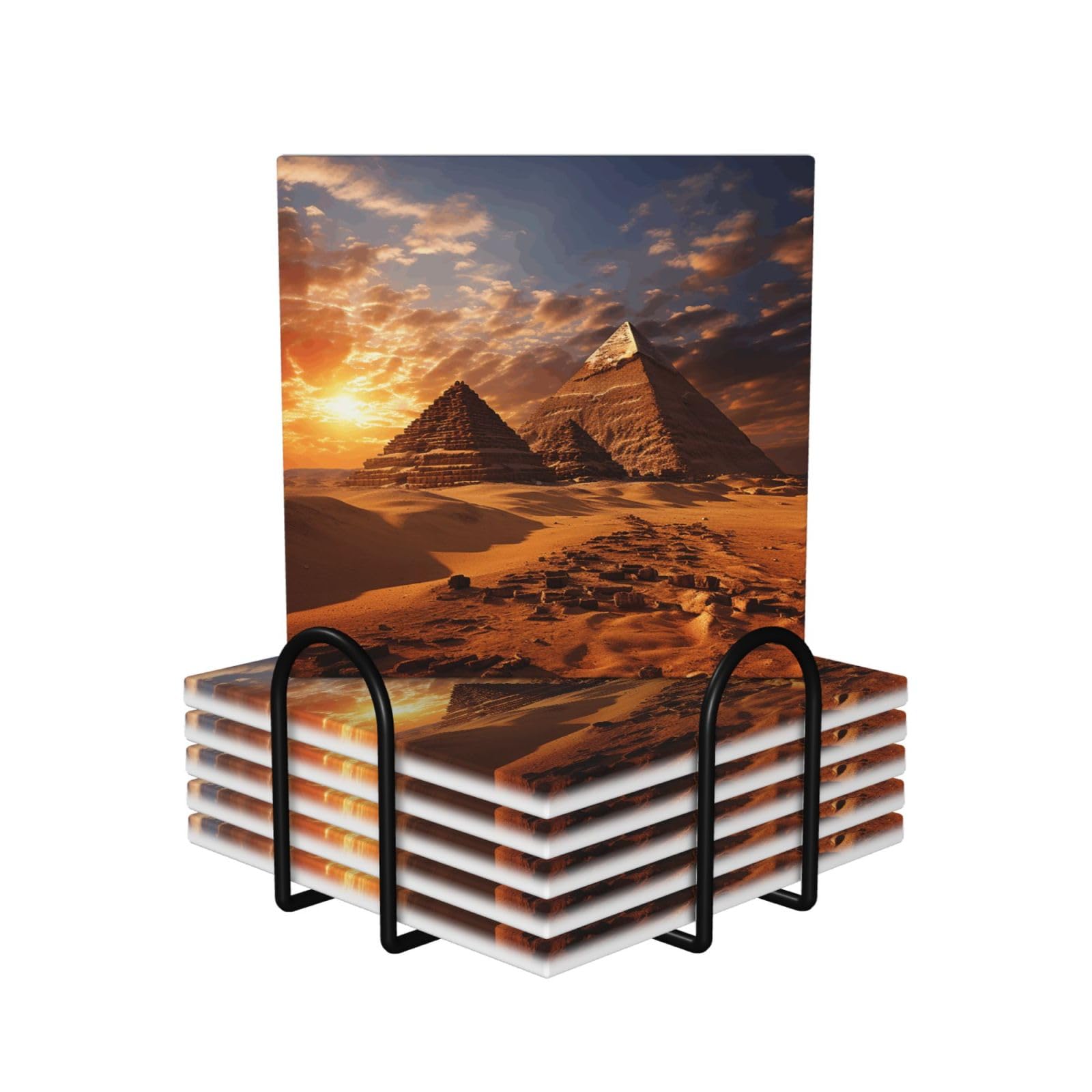 6Pcs Ceramics Coaster for Drinks, Egyptian Pyramids Cup Coasters with Holder, Aesthetic Drink Coasters for Coffee Table, Absorbent Round Coaster for Tabletop Protection 4" Cup Mat Pad
