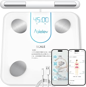 AQielev Weight Scale, Smartphone, Body Composition Monitor, Body Fat Percentage, Respect for the Aged Day Spring 2025, Specialized Development, 45 Items, Eight Electrodes, Full Body Part Measurement by Dual Frequencies, Developed with a Top US Company, Highly Specialized Health Meter, State-of-the-Art High Precision BIA Sensor, Quickly Measures Weight and Body Fat Percentage in 15 Seconds with 999.99.9999% Automatic on/off i Compatible with OS/Android, Rechargeable, Easy Storage, 1 Household, PSE Certified, Japanese Instruction Manual