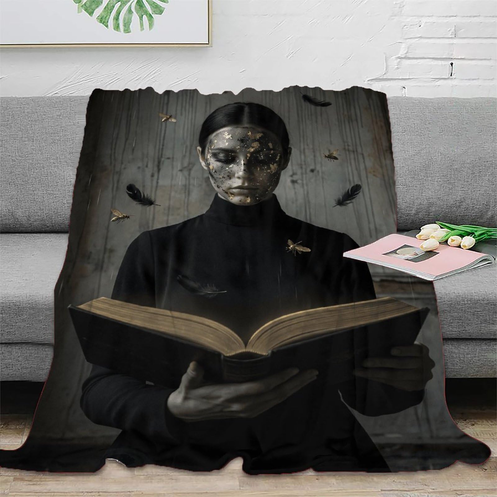 H3B8U2Y5 Silver Mask Reader Throw Blanket, Flannel, Nap, Cozy Reading Art