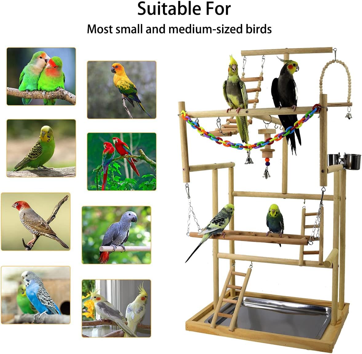Bird Playground Parrot Playstand Natural Wood Bird Perches Stand, Bird Play Gym Playpen for Parakeet Cockatiel Bird Toys, Bird Cage Accessories, with Removable Tray and 4 Stainless Steel Cups