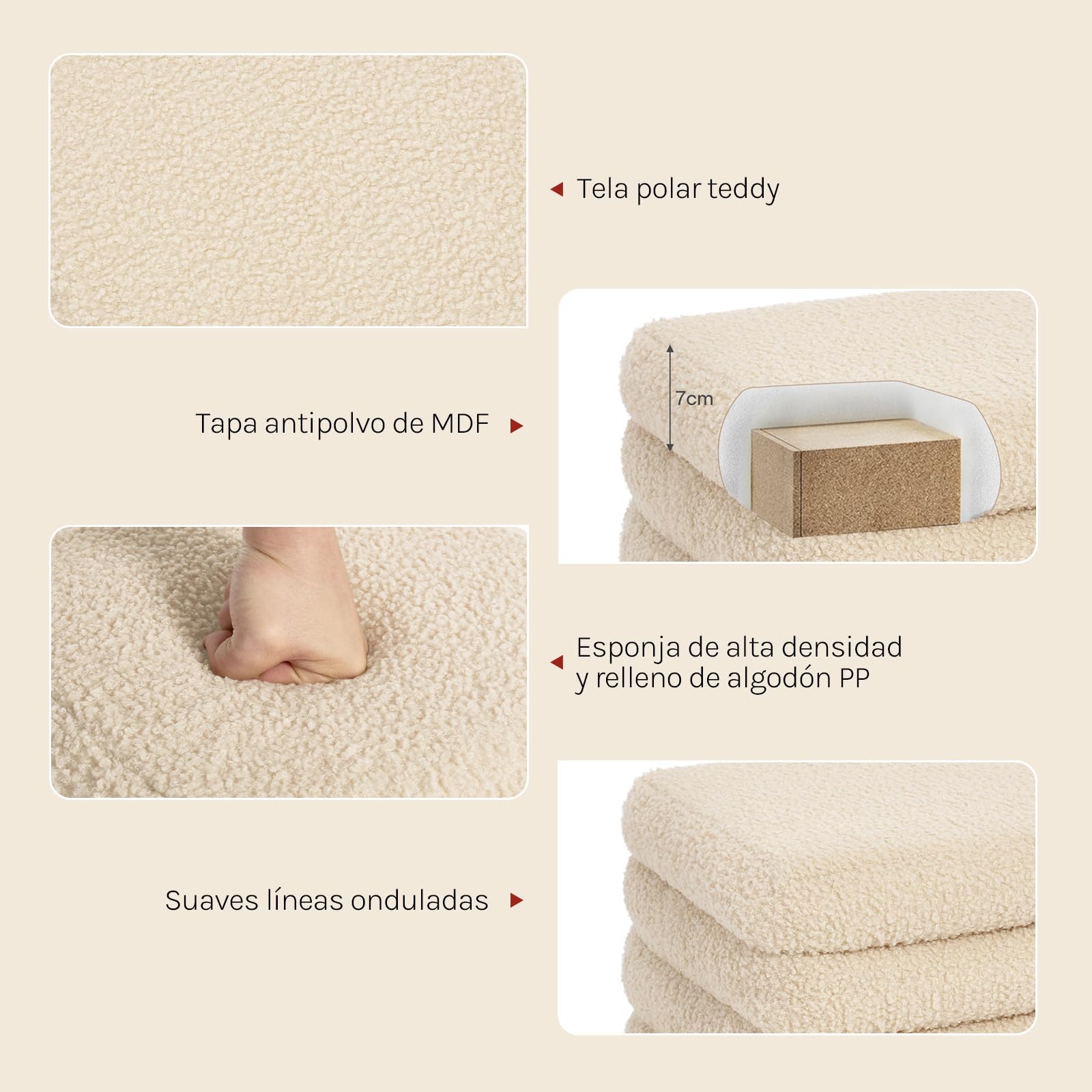 WOLTU Taburete Almacenaje Plegable de Almacenamiento, Taburete Reposapiés para Sofá y Cama, Baúl Puff con Tapa Extraible, Cuadrado, Tapizado de Tejido Polar Teddy, 37,5x37,5x38 cm, Beige