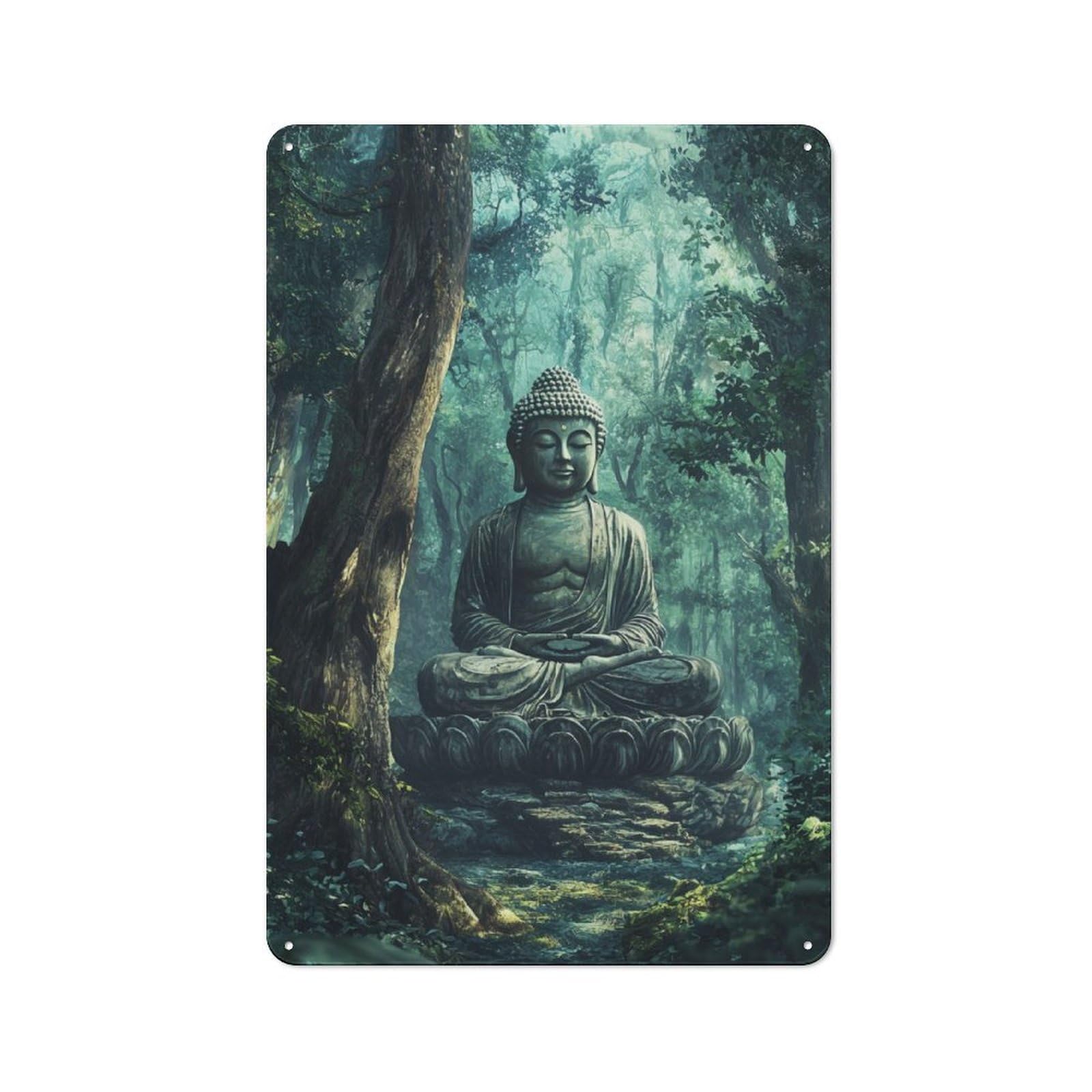 Junmoney Style-9 Tin Wall Plaque 30X20cm With Buddha Statue Forest Meditation For Bar Or Restaurant, Autumn Wall Decor For Hospitality Decor Collectors