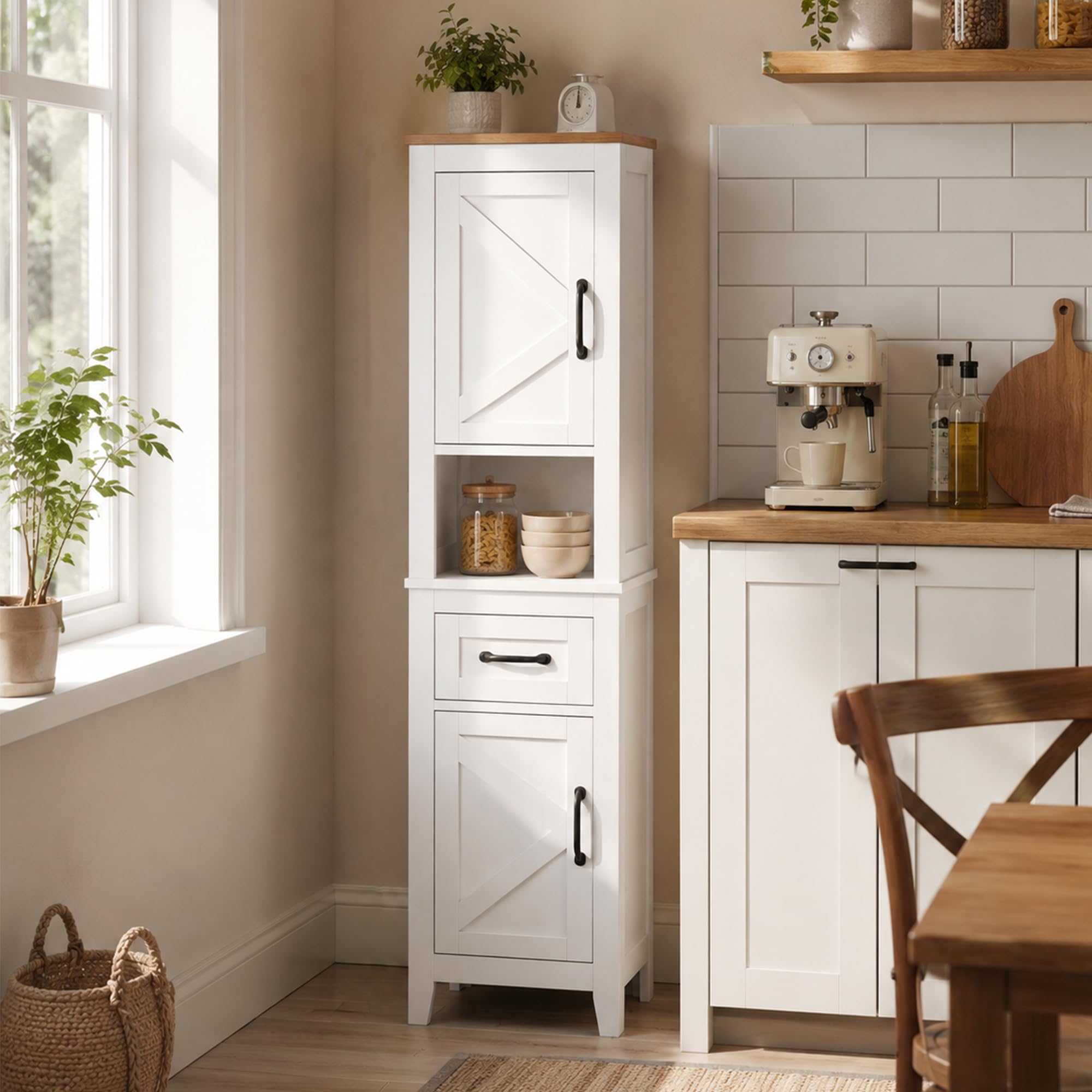 HOMCOM Armario de Baño Alto Mueble de Baño Estrecho 34,5x30x148 cm Blanco | Cajón, Estante Abierto, Puertas y Estantes Ajustables, Estilo Rústico
