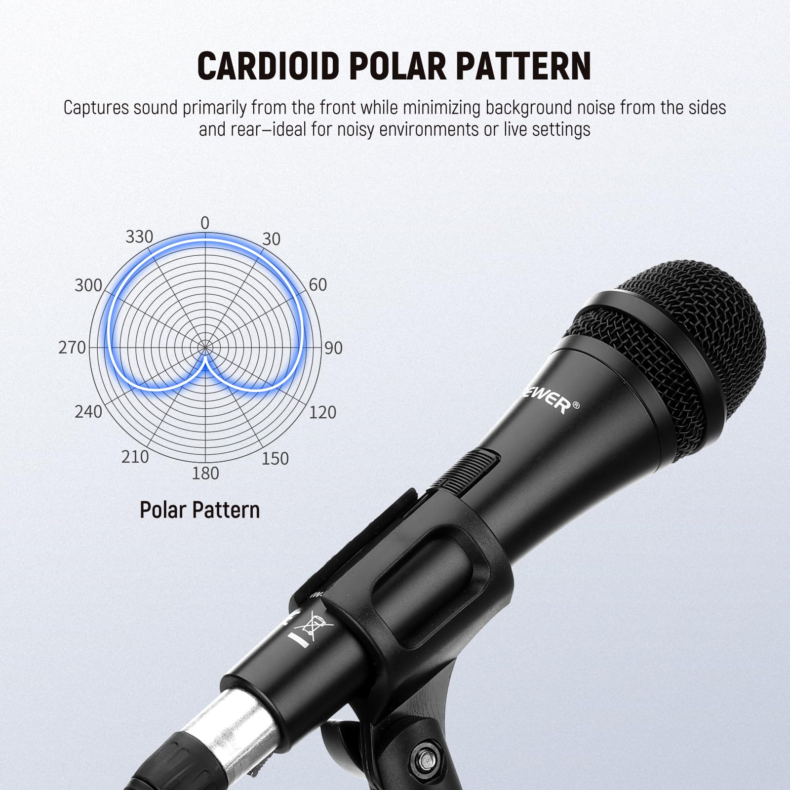 Neewer Kardioidalny mikrofon dynamiczny z męskim kablem XLR do żeńskiego XLR, sztywna metalowa konstrukcja do profesjonalnych instrumentów muzycznych, głosów, nadawania, mowy, czarny (NW-040)