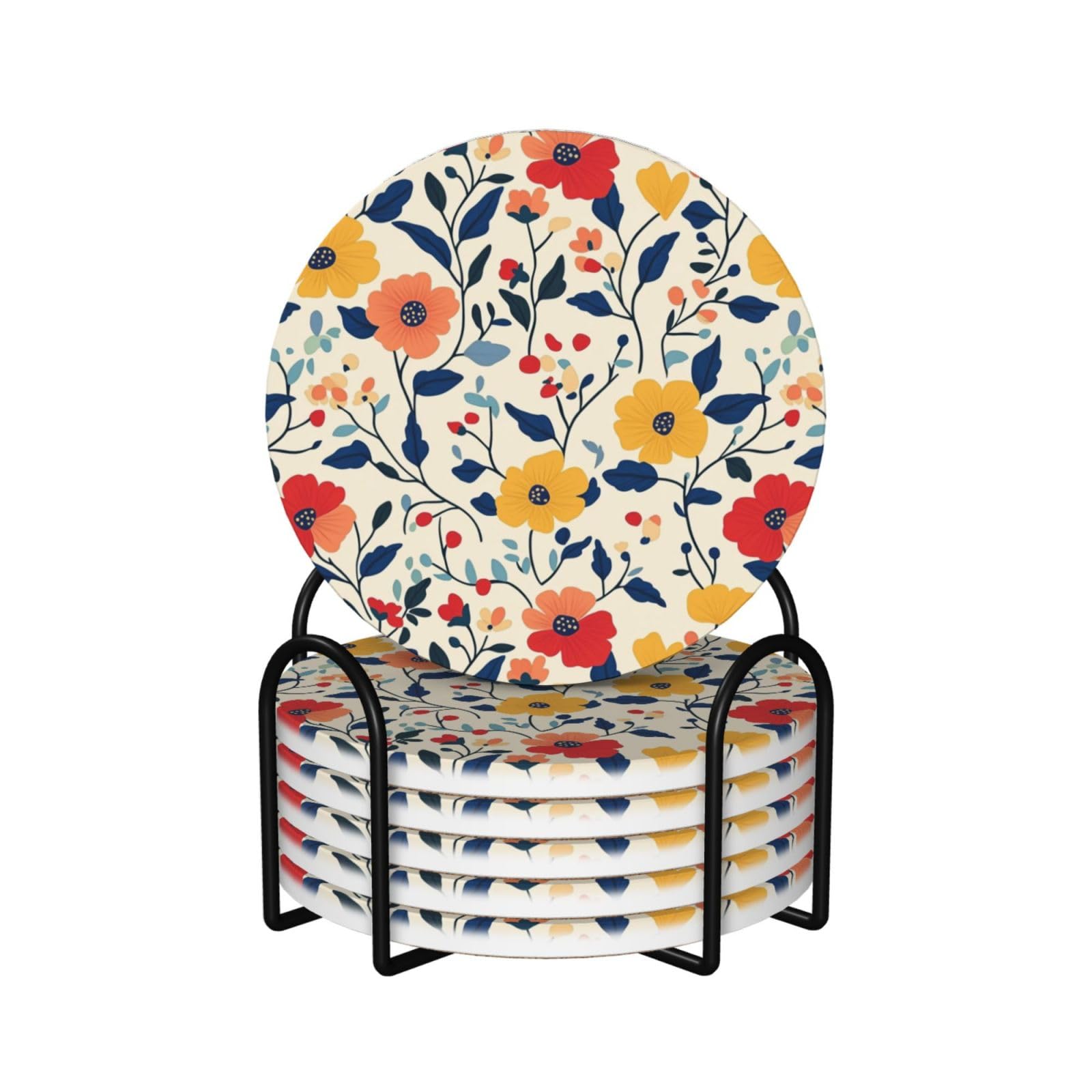Boho Flower Pattern Ceramic Coasters with Holder 6ps