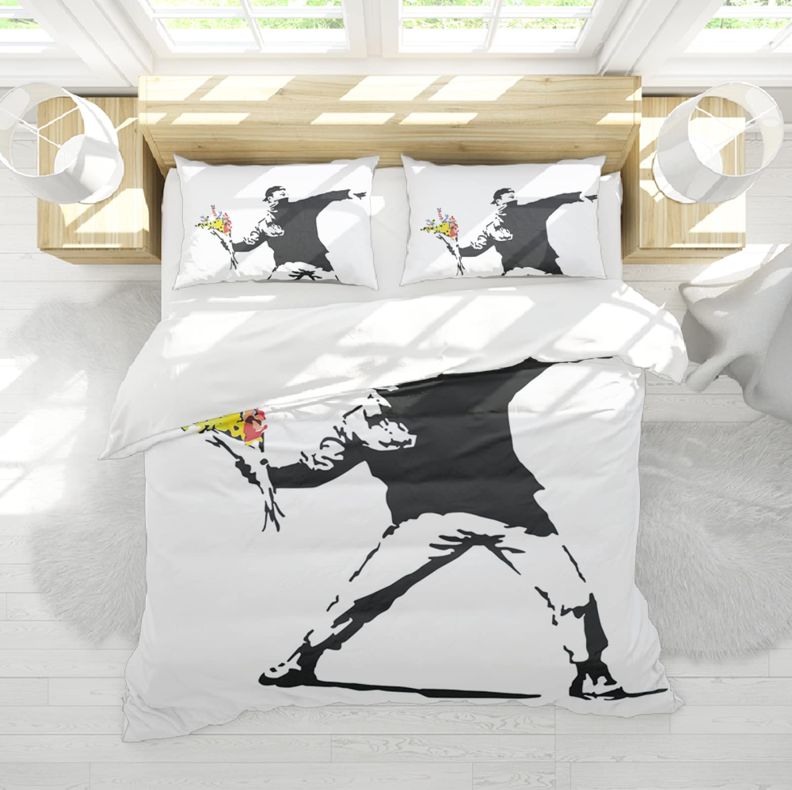 Hengyun Art Boys Banksy Graffiti Bedding Duvet Cover Set Throwing Flower Breathable Soft Comfy Duvet Covers With Zipper Closure For All Seasons Double