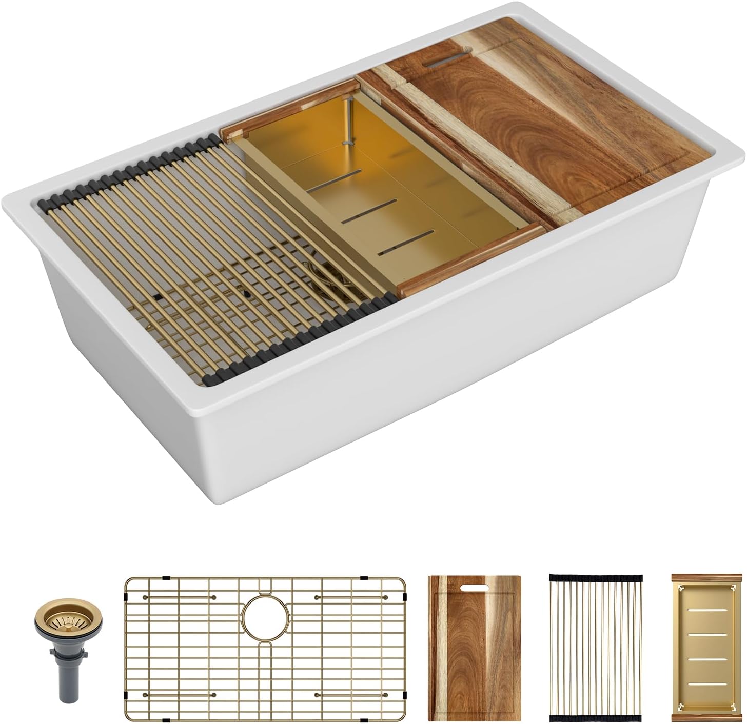 Sarlai 33 Granite Composite Kitchen Sink - 33 x 19 Inch Granite Undermount Kitchen Sink Ledge Workstation Under-Mount White Quartz Classic Single Bowl Sinks Under Counter Basin With Gold Accessories